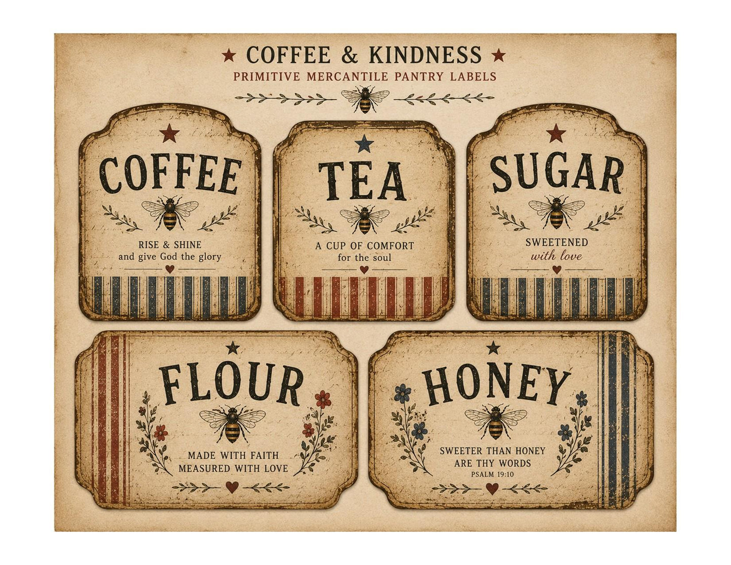 Coffee And Kindness - Primitive Mercantile Ticking Stripe Pantry Labels