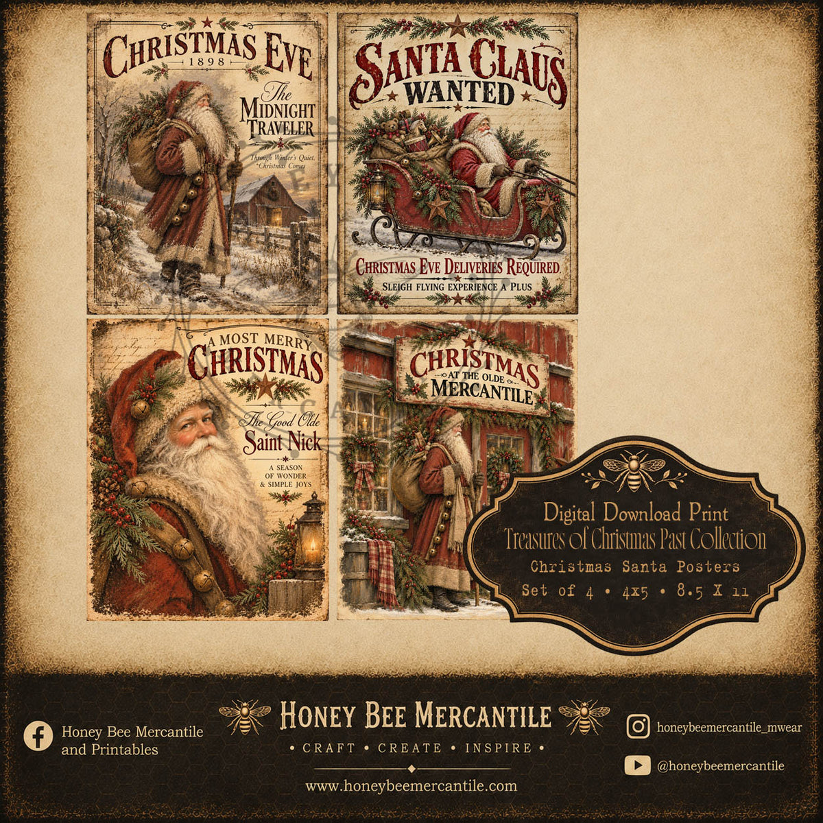 Treasures of Christmas Past Collection, Santa Claus Posters, 4x5, Set of 4, Digital Download, Printable, Decoupage, Craft Supplies
