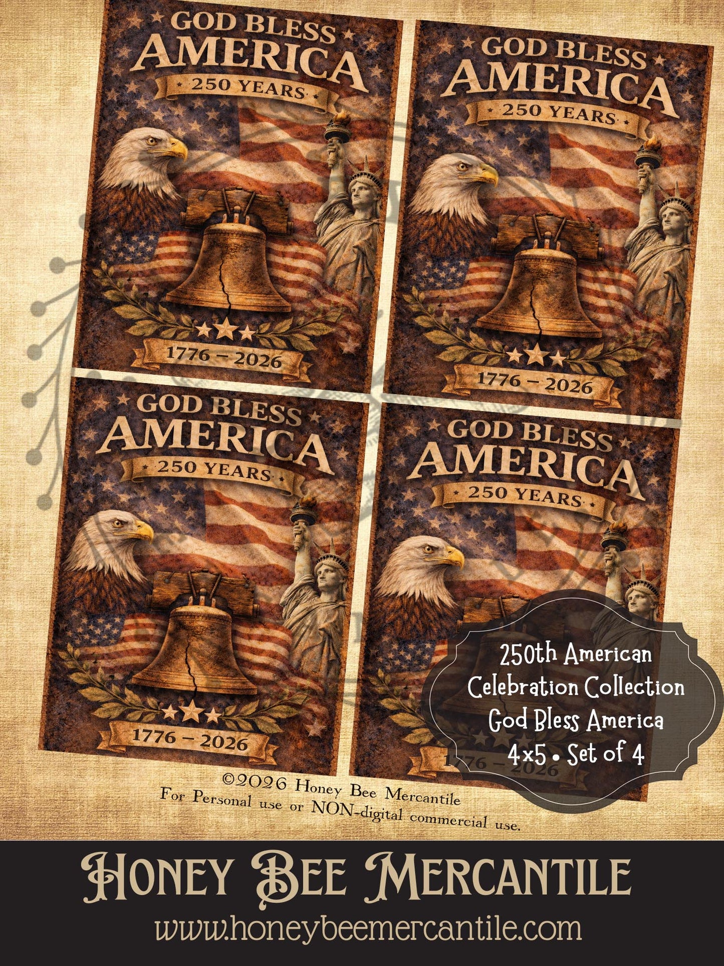 RICE PAPER PRINT - 250th American Collection - 250 Years, God Bless America, Set of 4, 4x5, Decoupage, Vintage, Primitive, Craft Supplies