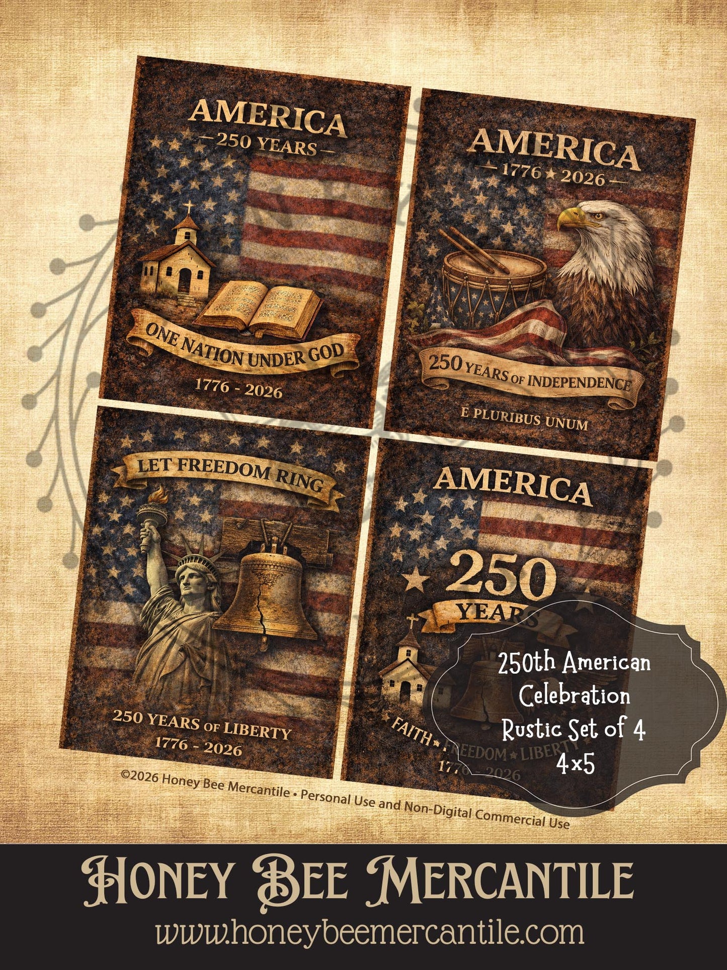RICE PAPER PRINT - 250th American Collection - 250 Years, Set of 4, 4x5, Decoupage, Vintage, Primitive, Craft Supplies
