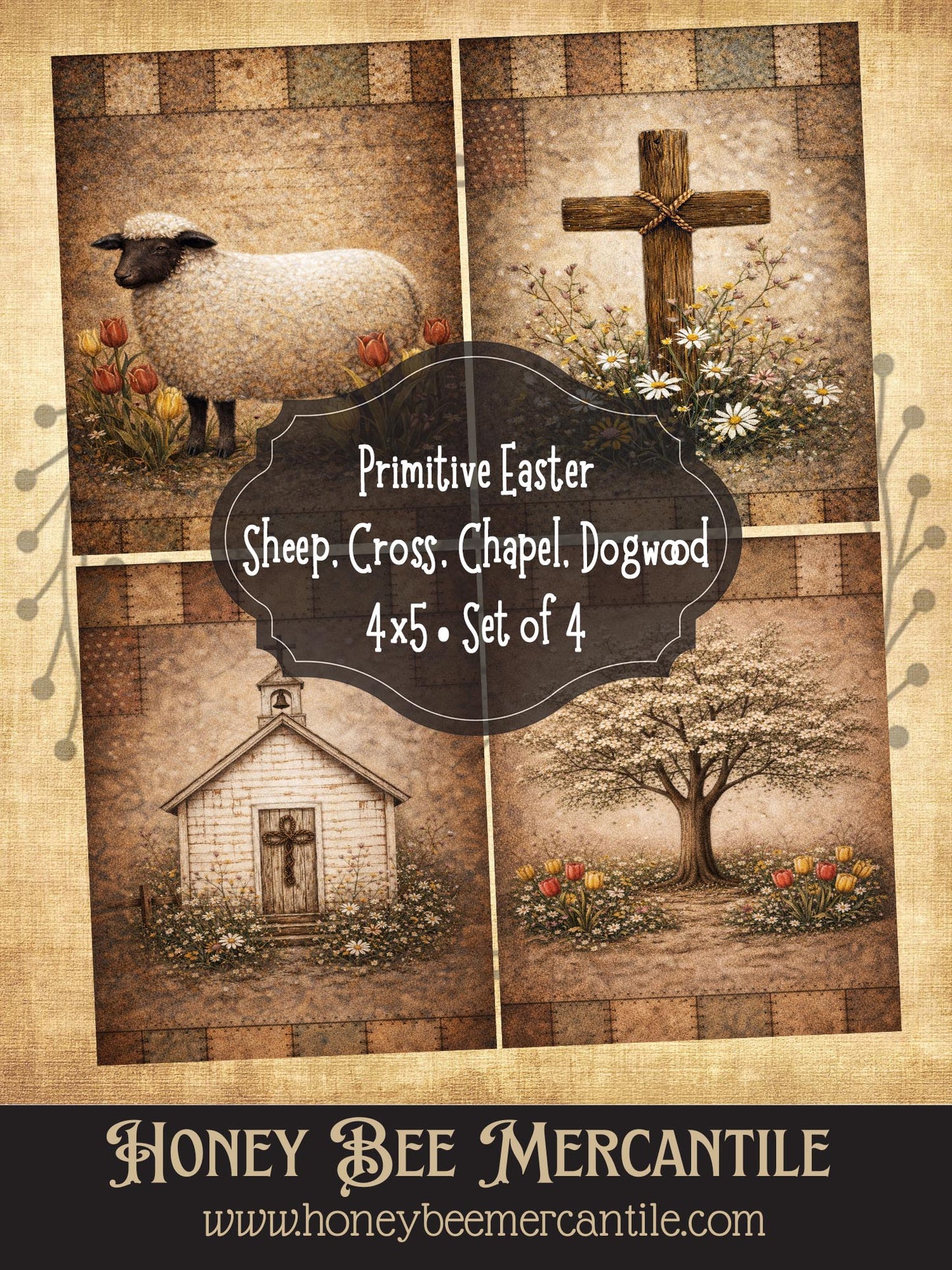 RICE PAPER PRINT 4x5 Vintage Primitive Easter Sheep, Tree, Chapel, Cross, Craft Supplies, Decoupage, Folk-art, Set of 4