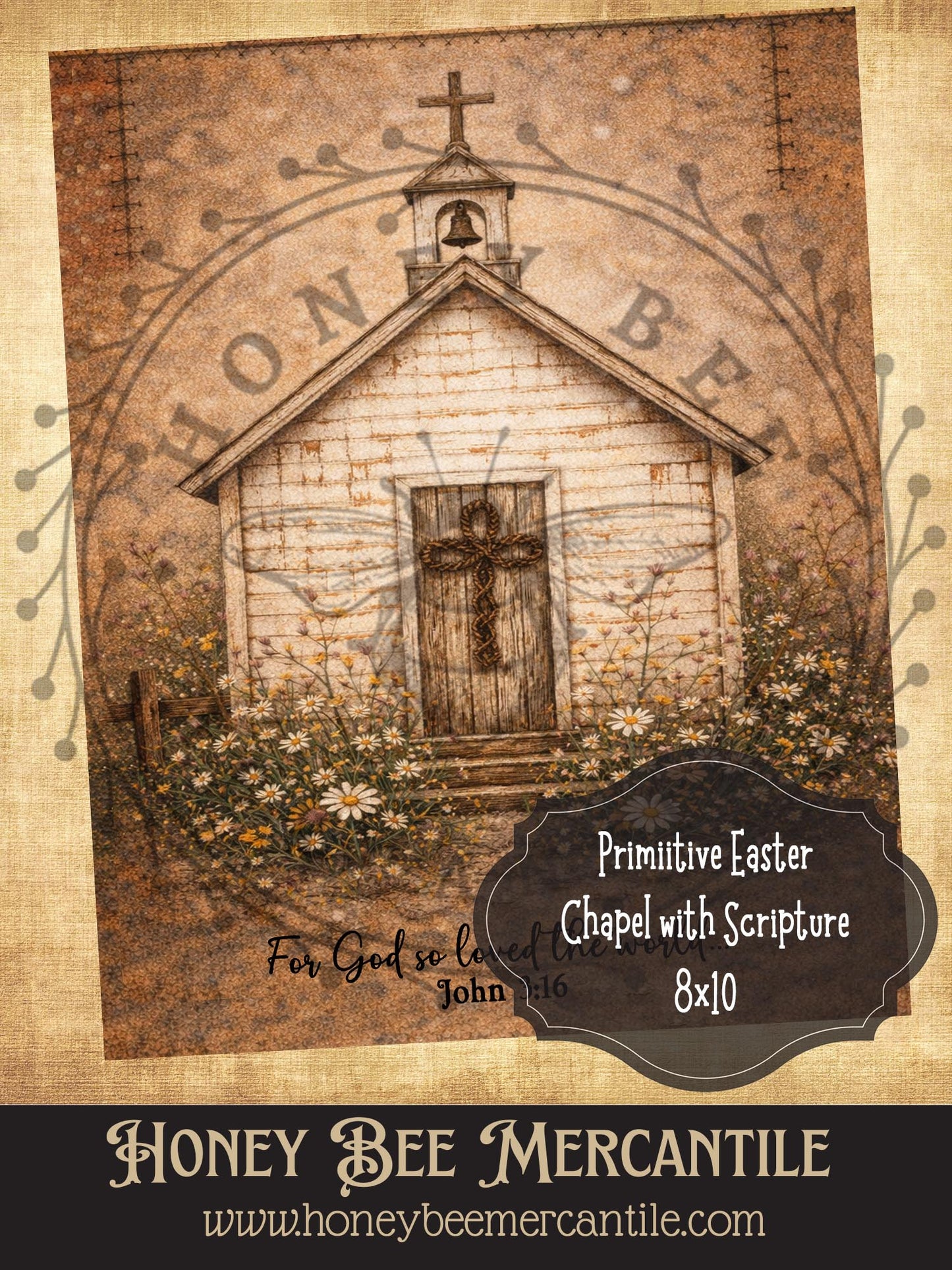 8"x10" RICE PAPER PRINT Rustic Spring Easter Chapel, With Scripture, Print, Decoupage, Folk-art