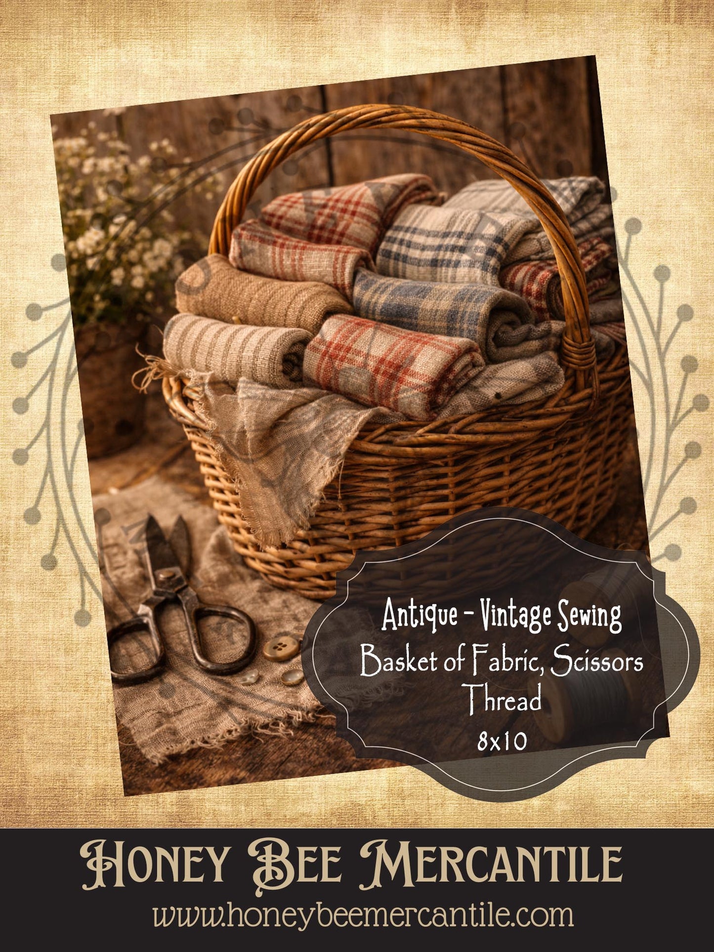 8"x10" RICE PAPER PRINT Vintage Sewing Basket of Fabric, Decoupage, Folk-art