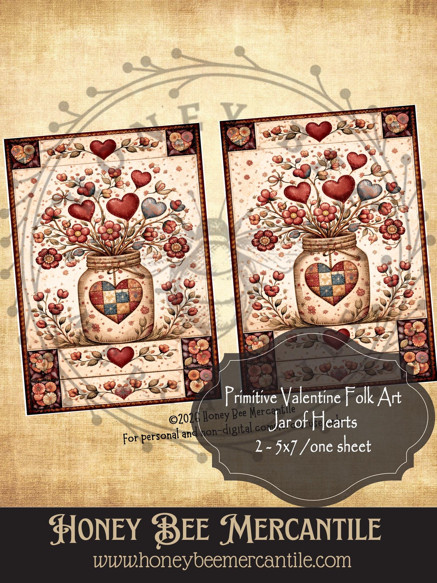 RICE PAPER PRINT - 2-5x7's/One Sheet, Vintage, Primitive, Craft Supplies, Decoupage, Folk-art, Folk Art, Valentine, Jar of Hearts