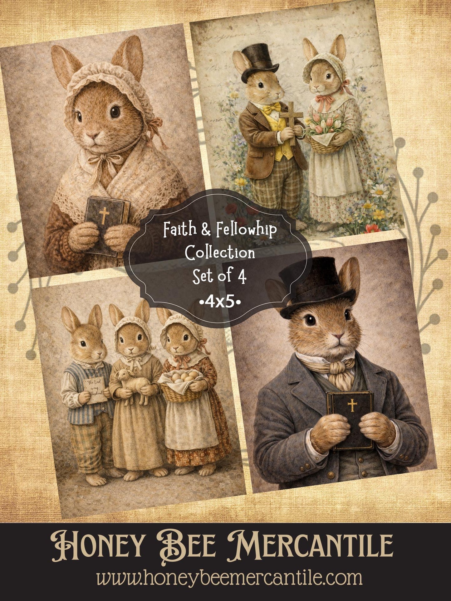 RICE PAPER PRINT - Faith and Fellowship Collection, Easter, Spring, Primitive Bunnies, Vintage, Set of 4, 4x5"