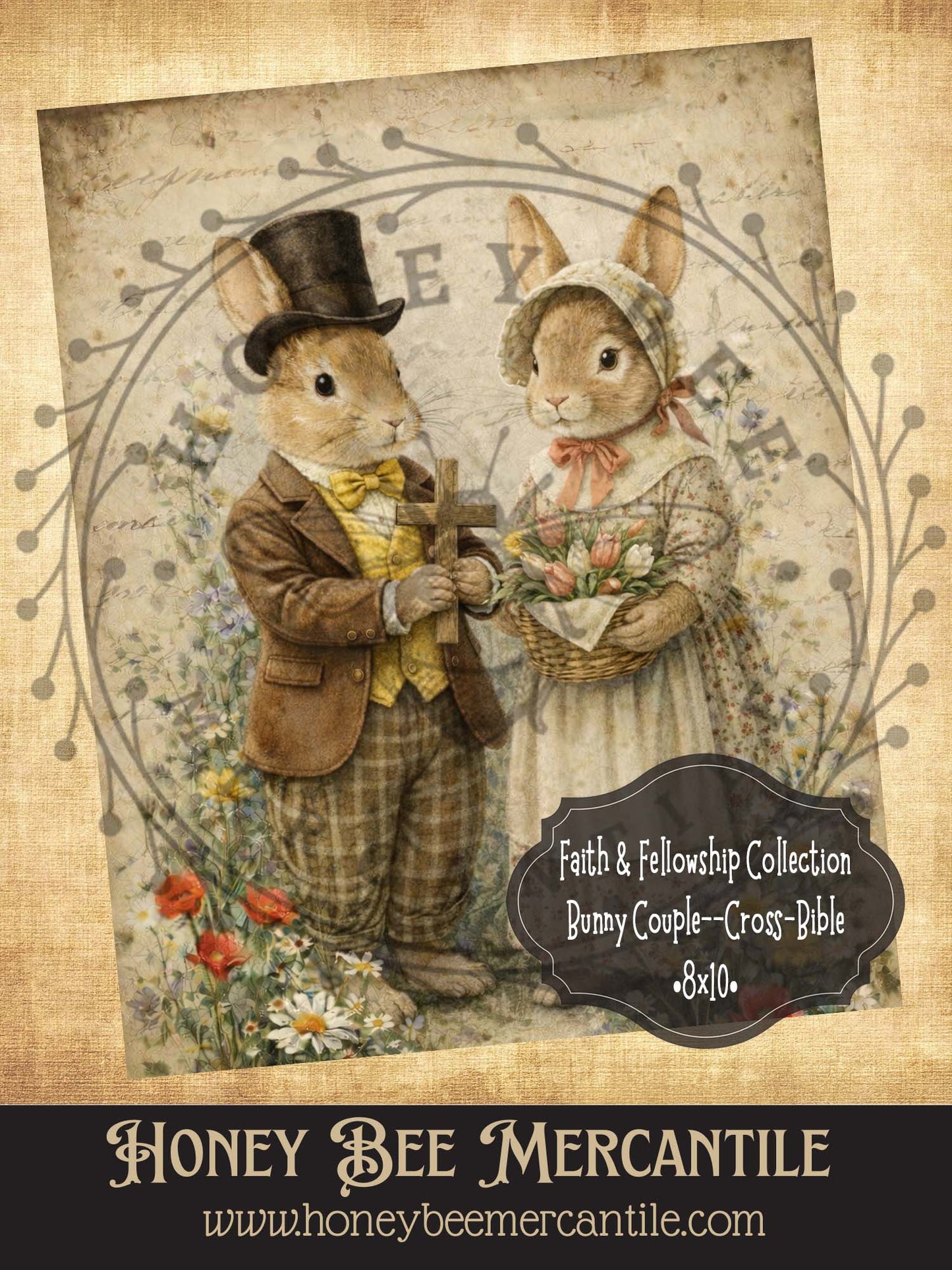 RICE PAPER PRINT - Faith and Fellowship Collection - Bunny Couple, Cross, 8x10, Decoupage, Vintage, Primitive, Craft Supplies