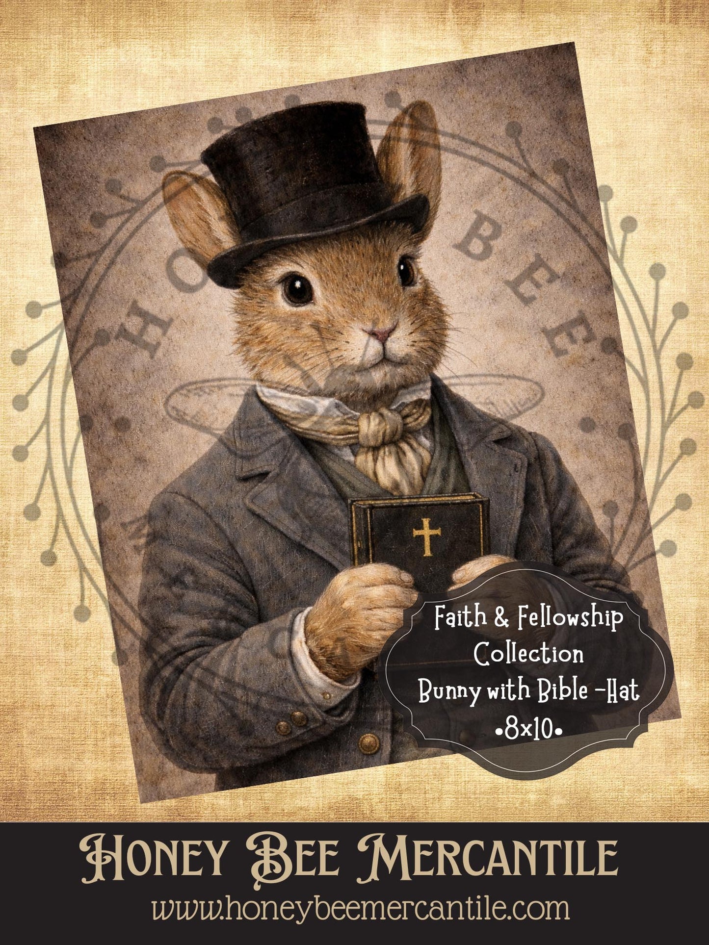 RICE PAPER PRINT - Faith and Fellowship Collection - Bunny with Hat, Bible, 8x10, Decoupage, Vintage, Primitive, Craft Supplies