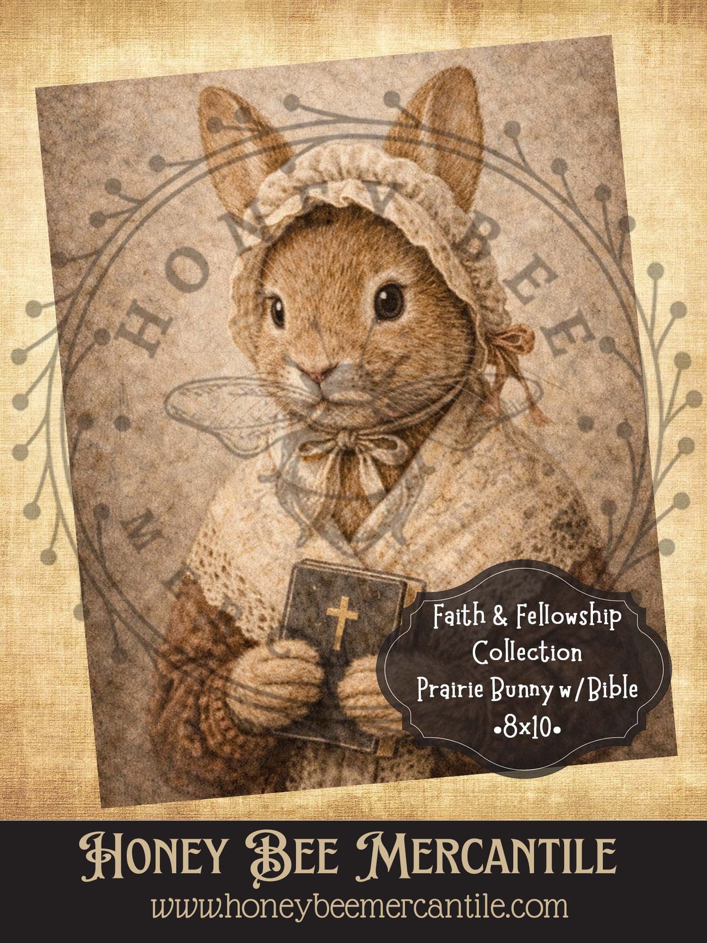 RICE PAPER PRINT - Faith and Fellowship Collection - Prairie Bunny with Bible, 8x10, Decoupage, Vintage, Primitive, Craft Supplies