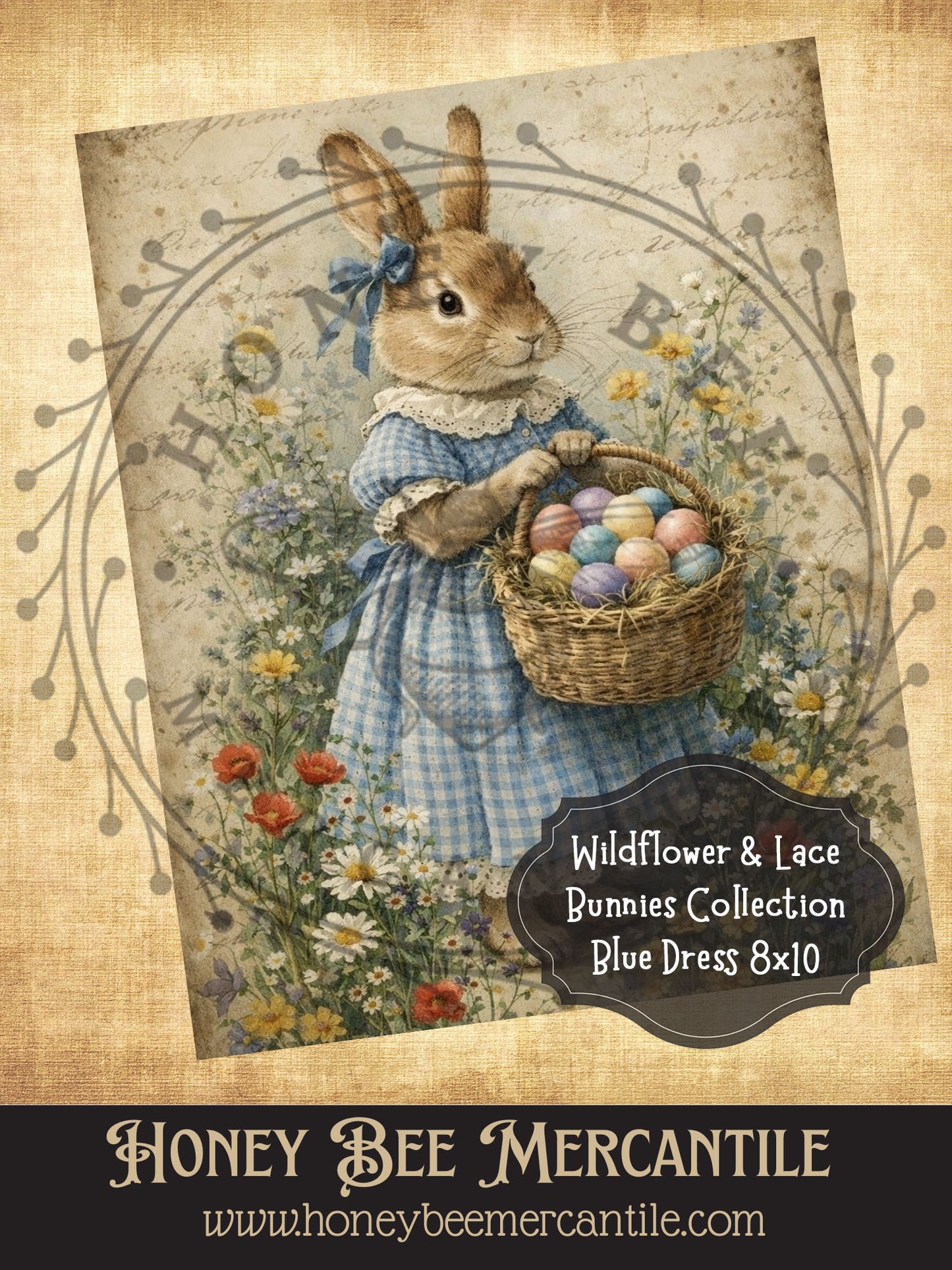 RICE PAPER PRINT - Wildflowers & Lace Bunnies Collection - Blue Dress, 8x10, Decoupage, Vintage, Primitive, Craft Supplies