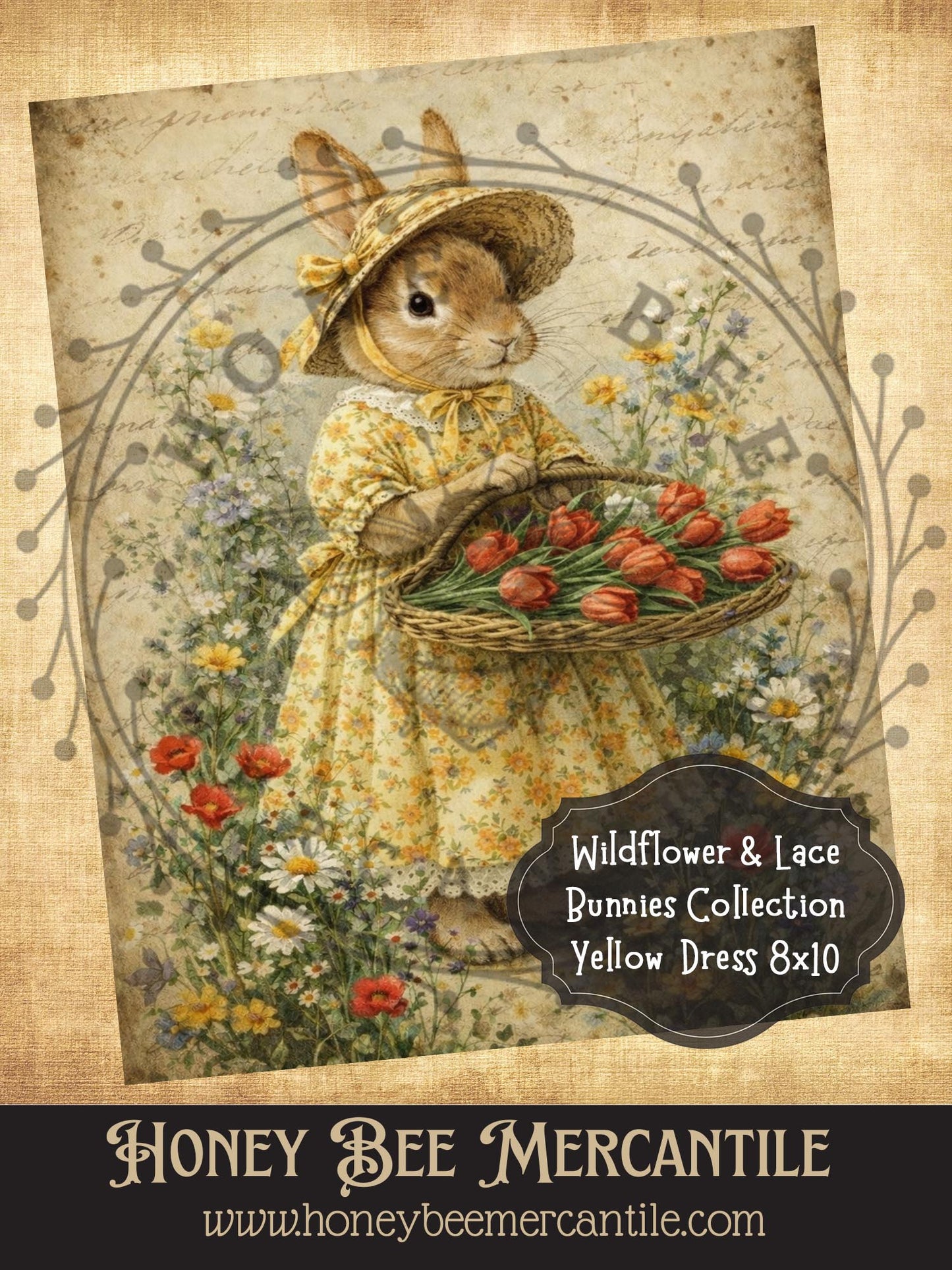 RICE PAPER PRINT - Wildflowers & Lace Bunnies Collection - Yellow Dress, 8x10, Decoupage, Vintage, Primitive, Craft Supplies