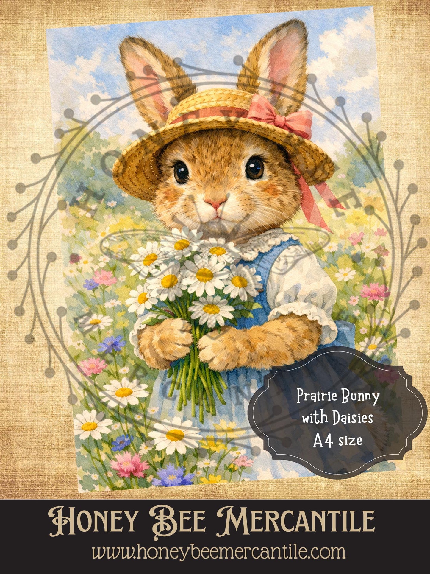 RICE PAPER PRINT - Prairie Bunny with Daises, Easter, Spring, Vintage, A4 size