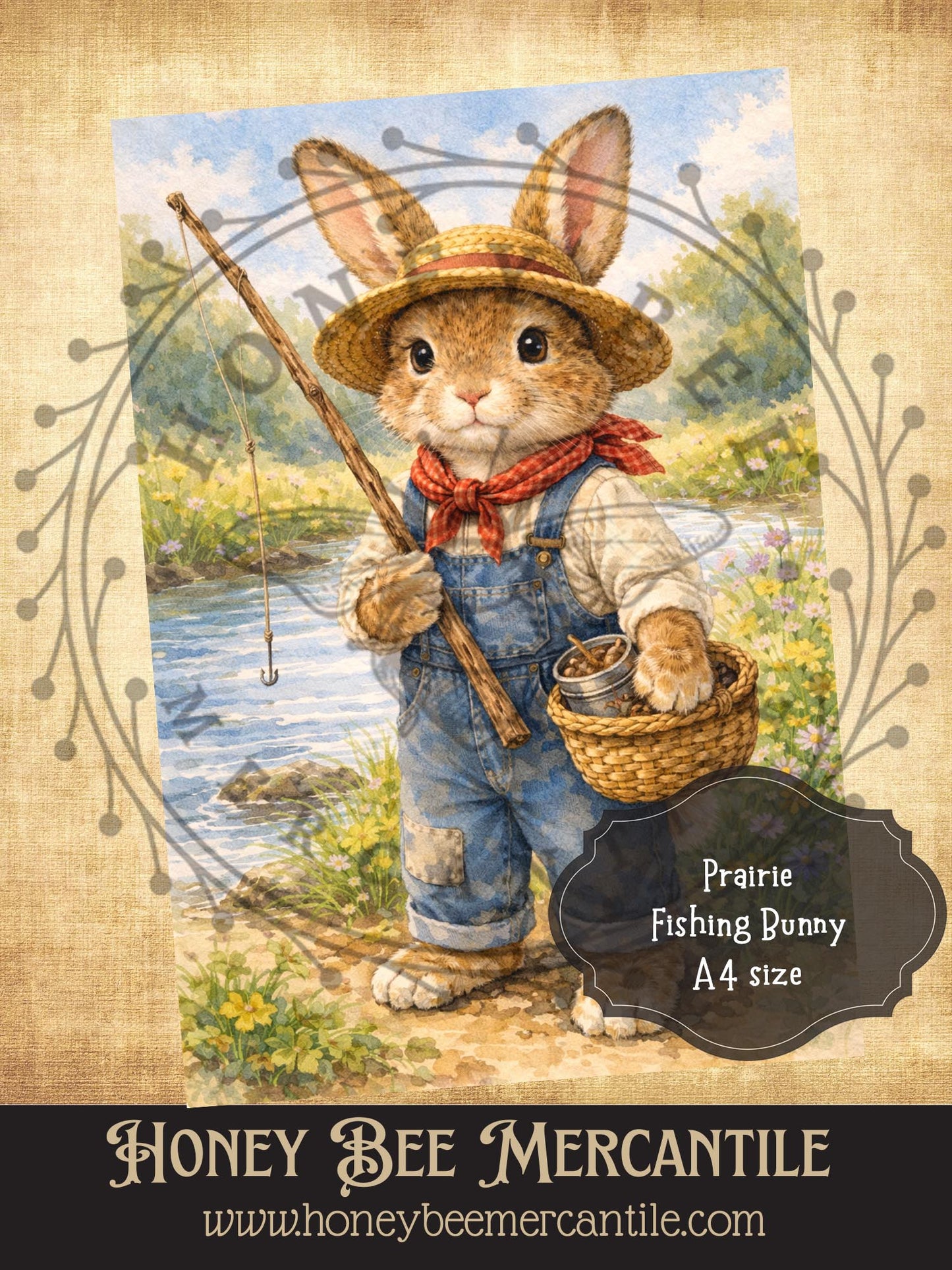 RICE PAPER PRINT - Prairie Fishing Bunny, Easter, Spring, Vintage, A4 size