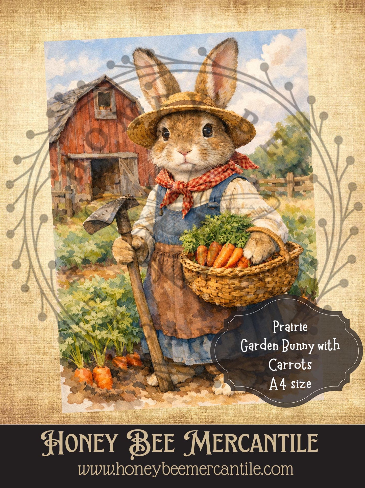 RICE PAPER PRINT - Prairie Gardening Bunny with Carrots, Easter, Spring, Vintage, A4 size