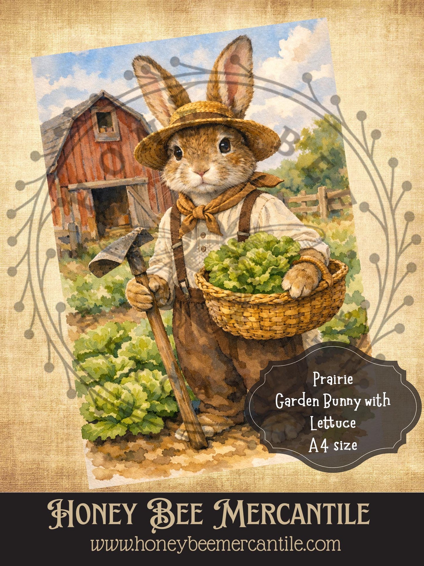 RICE PAPER PRINT - Prairie Gardening Bunny with Lettuce, Easter, Spring, Vintage, A4 size