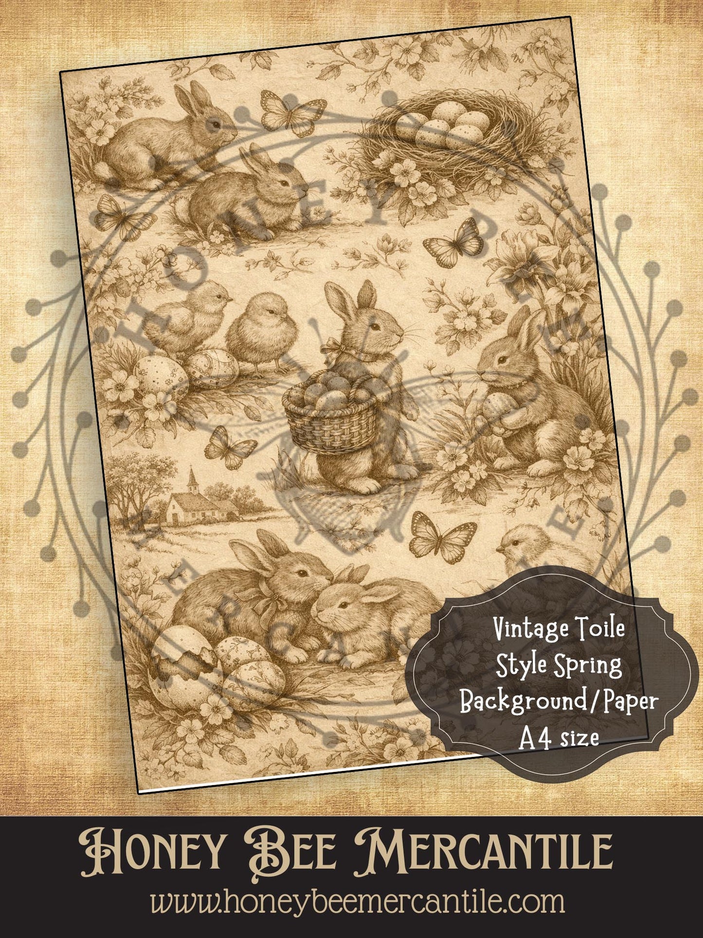 RICE PAPER PRINT - Vintage Toile Style Easter Background, Spring, Vintage, A4 size