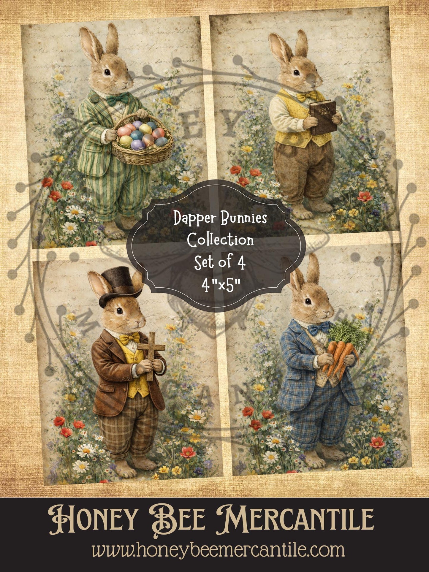 RICE PAPER PRINT - Dapper Bunnies Collection, Easter, Spring, Vintage, Set of 4, 4x5"