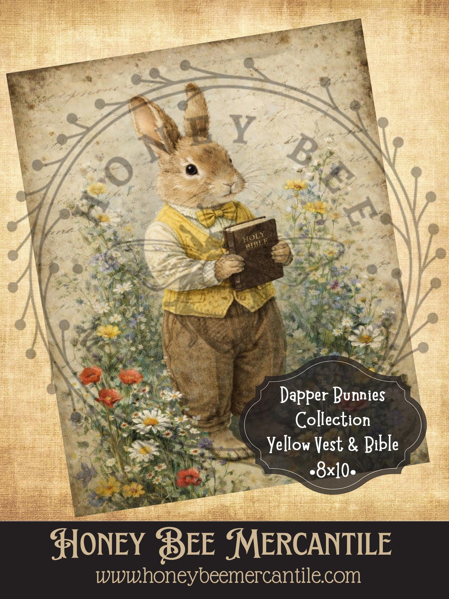 RICE PAPER PRINT - Dapper Bunnies Collection - Bunny with Yellow Vest, Bible, 8x10, Decoupage, Vintage, Primitive, Craft Supplies