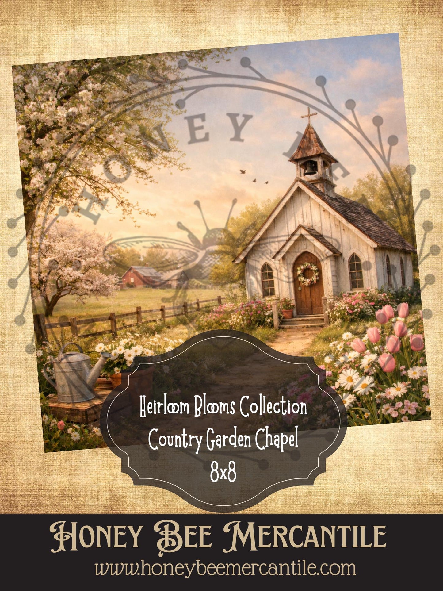 RICE PAPER PRINT - Heirloom Blooms Collection - Country Garden Chapel 8x8, Decoupage, Vintage, Primitive, Craft Supplies
