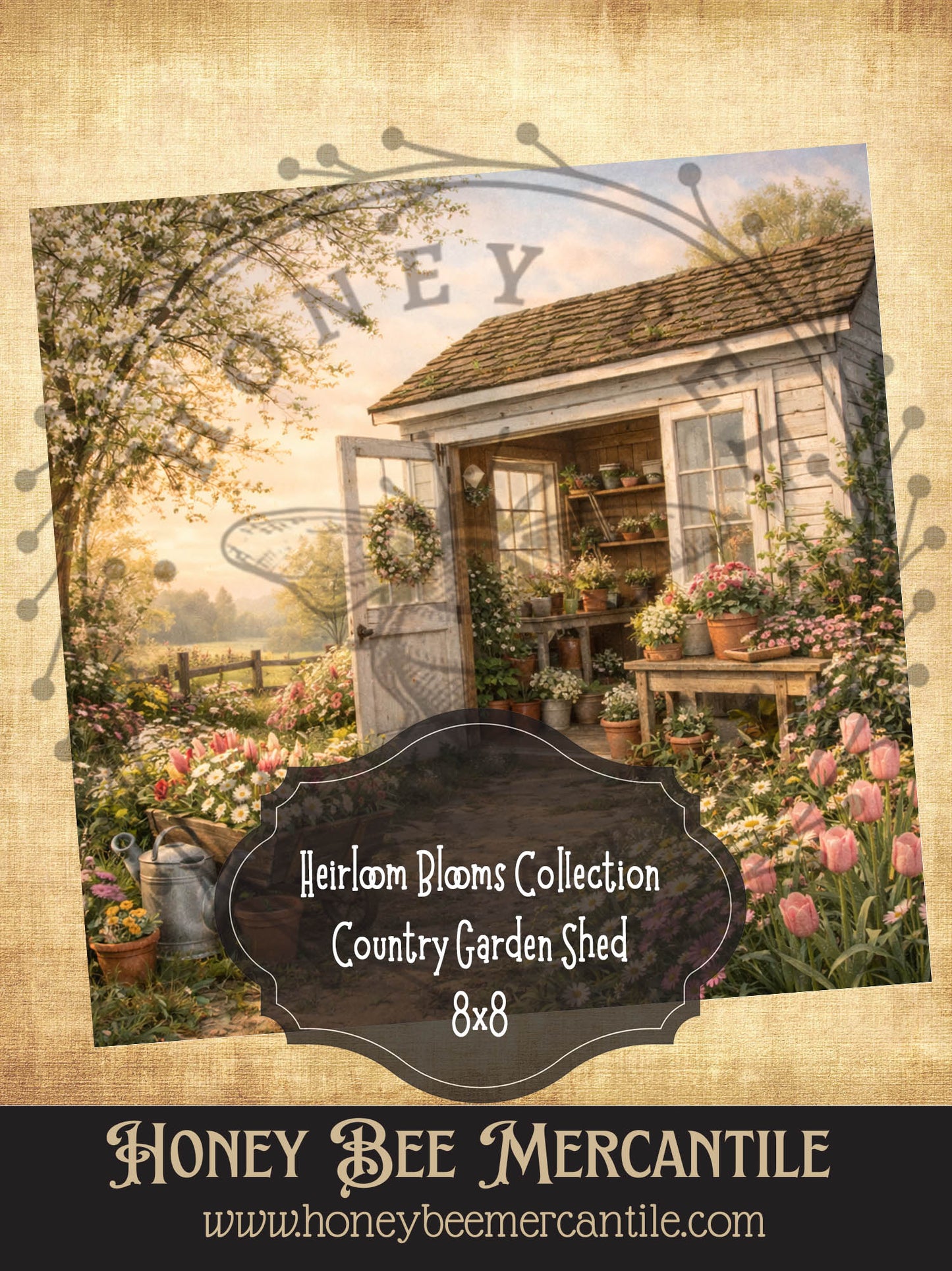 RICE PAPER PRINT - Heirloom Blooms Collection - Country Garden Shed 8x8, Decoupage, Vintage, Primitive, Craft Supplies