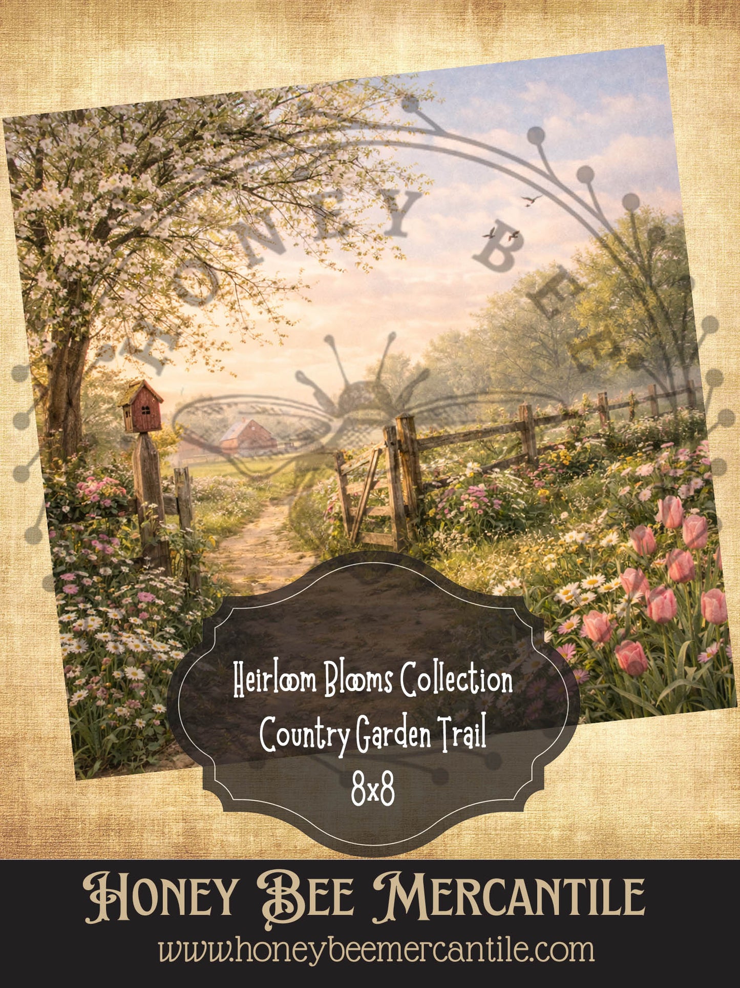 RICE PAPER PRINT - Heirloom Blooms Collection - Country Garden Trail 8x8, Decoupage, Vintage, Primitive, Craft Supplies