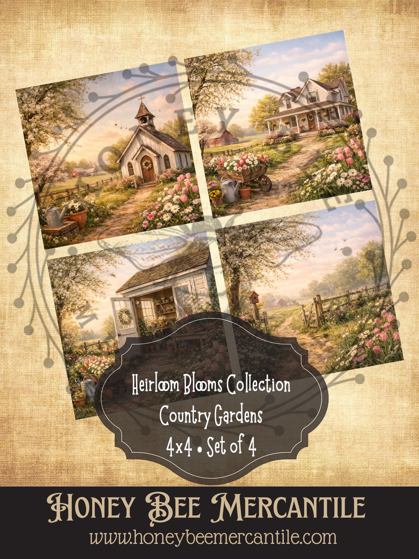 RICE PAPER PRINT - Heirloom Blooms Collection - Country Garden Set of 4, 4x4 size, Decoupage, Vintage, Craft Supplies