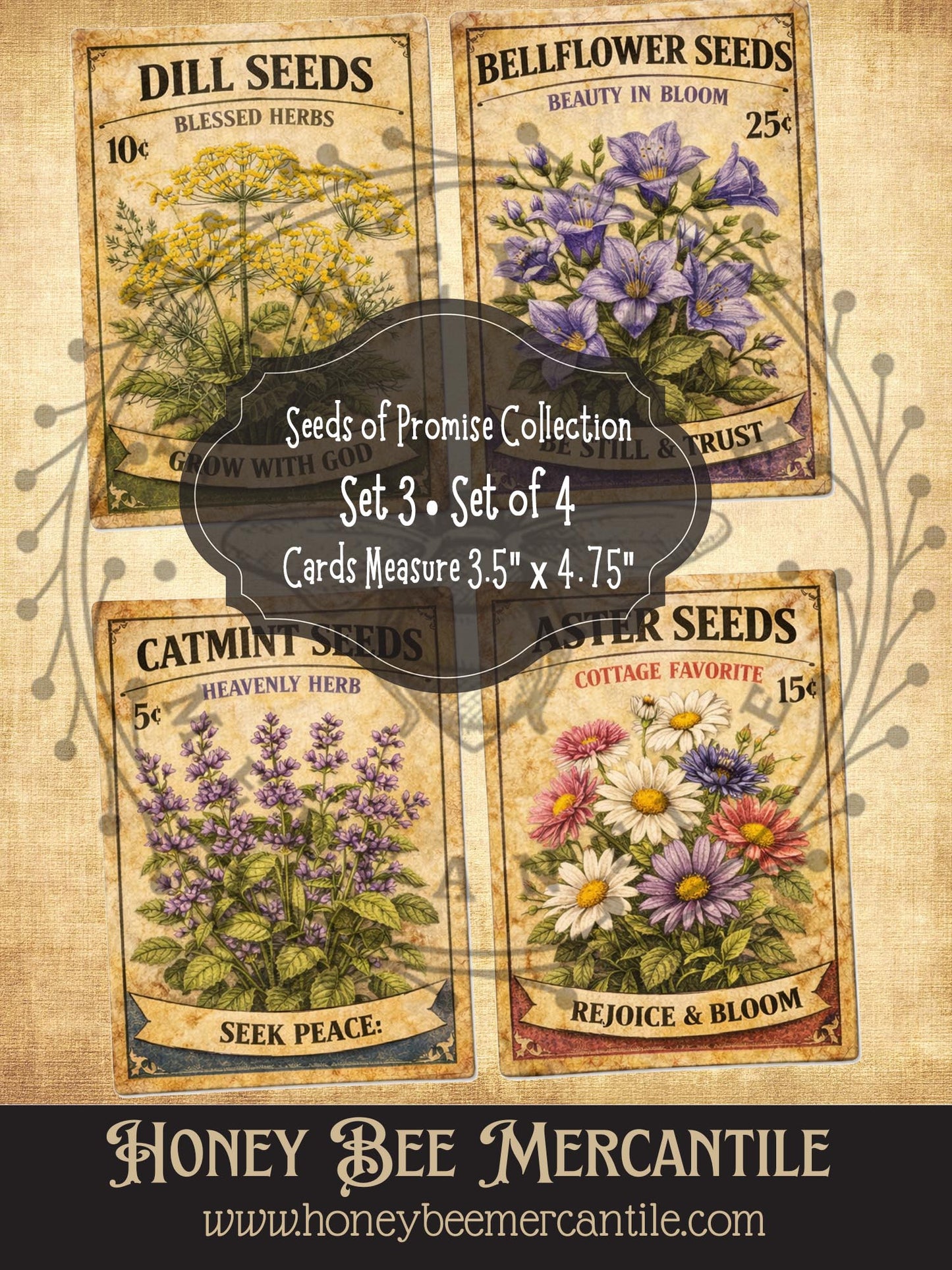 RICE PAPER PRINT Vintage Spring Seeds of Promise Collection - 4 prints - 3.5x4.75 in size, Rustic Spring Flower Seed Packet Designs,Set 3