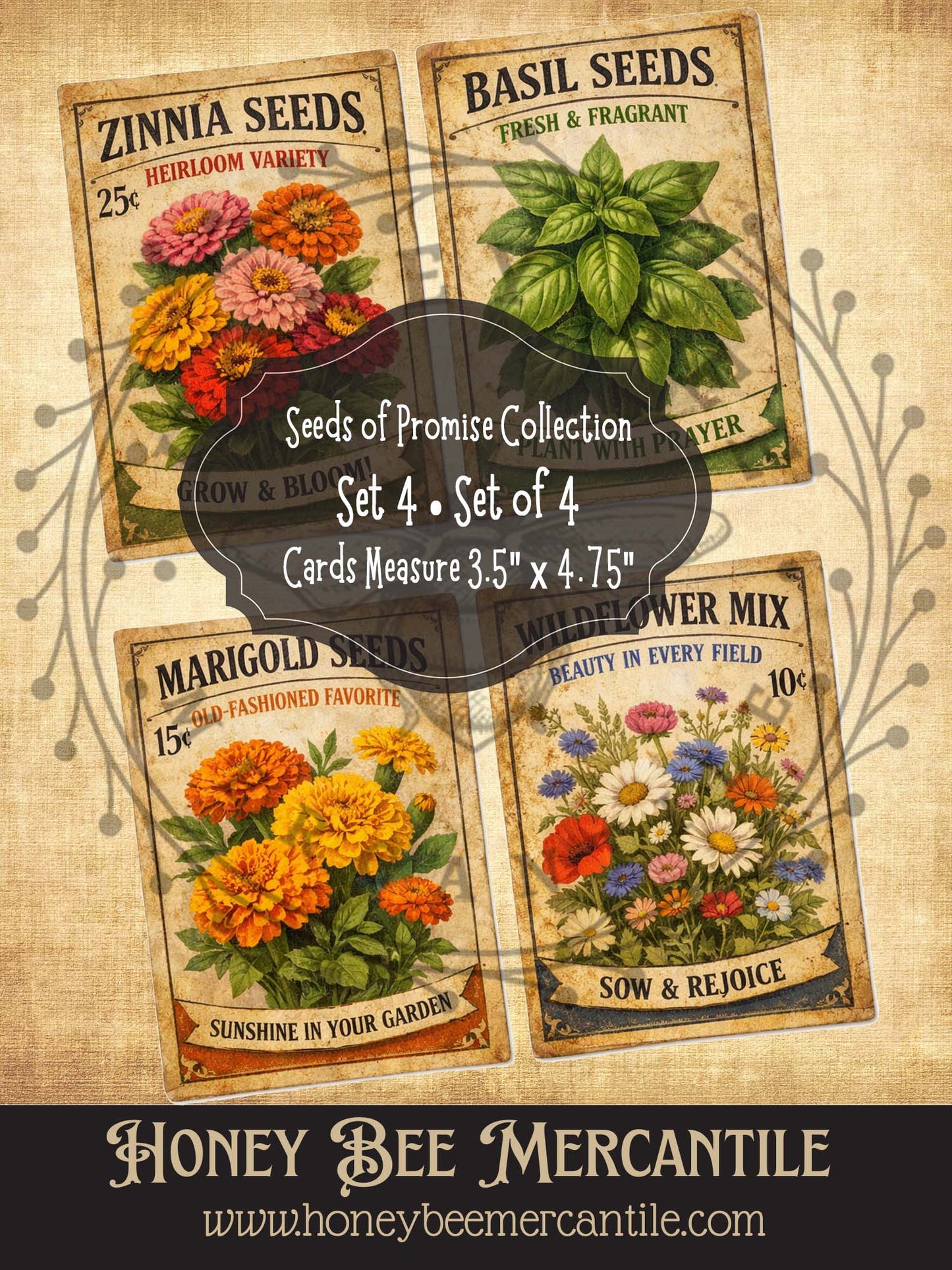 RICE PAPER PRINT Vintage Spring Seeds of Promise Collection - 4 prints - 3.5x4.75 in size, Rustic Spring Flower Seed Packet Designs, Set 4