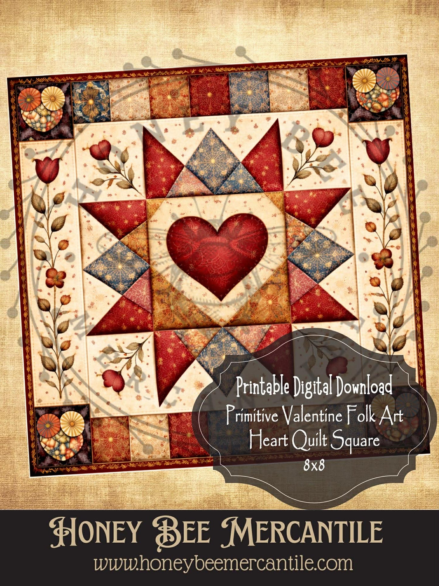 DIGITAL DOWNLOAD Valentine Barn Quilt Printable: Primitive Valentine Folk Art Heart Quilt (8x8 Digital Download)
