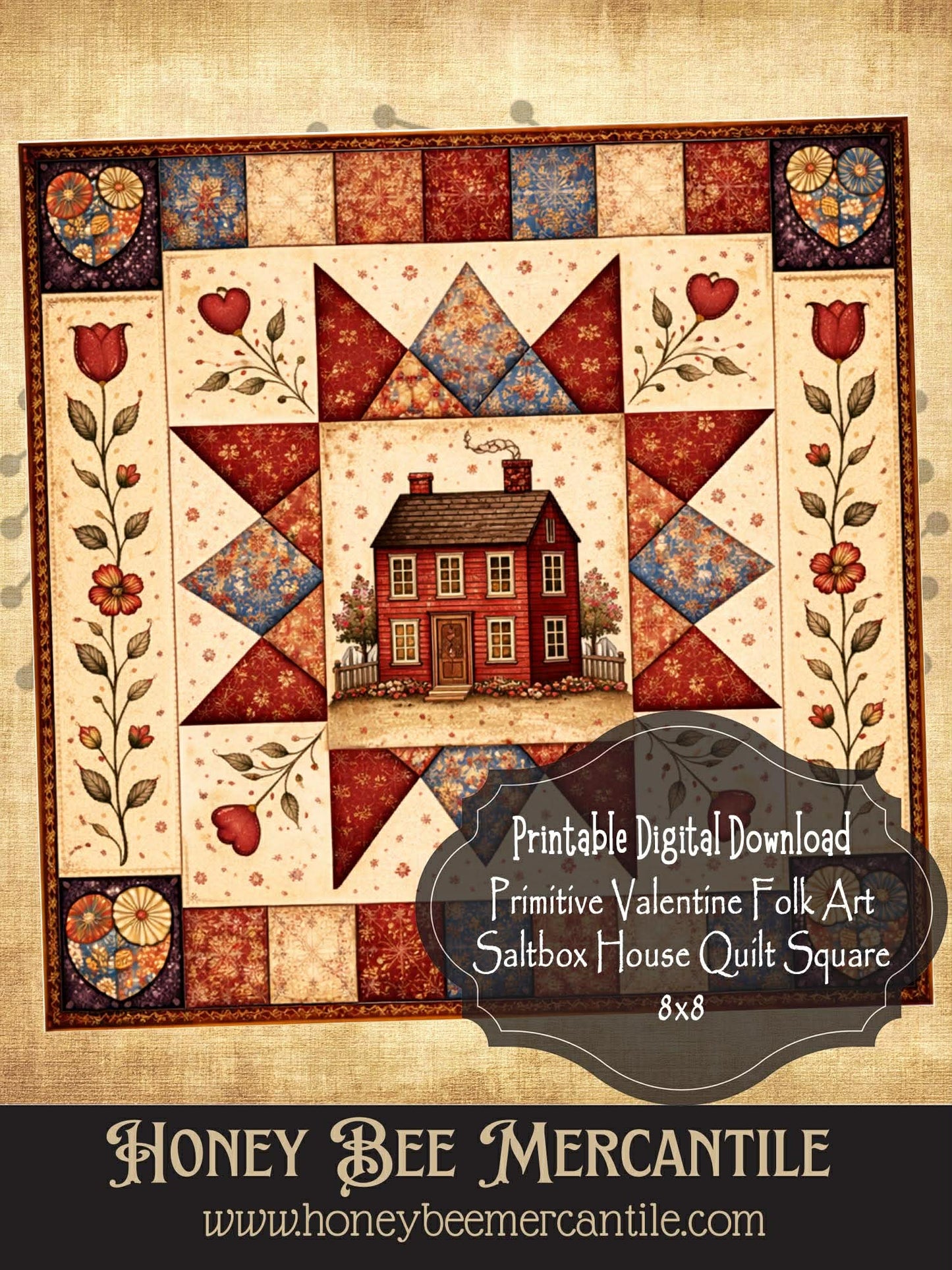 DIGITAL DOWNLOAD Valentine Barn Quilt Printable: Primitive Valentine Folk Art Saltbox House Quilt (8x8 Digital Download)