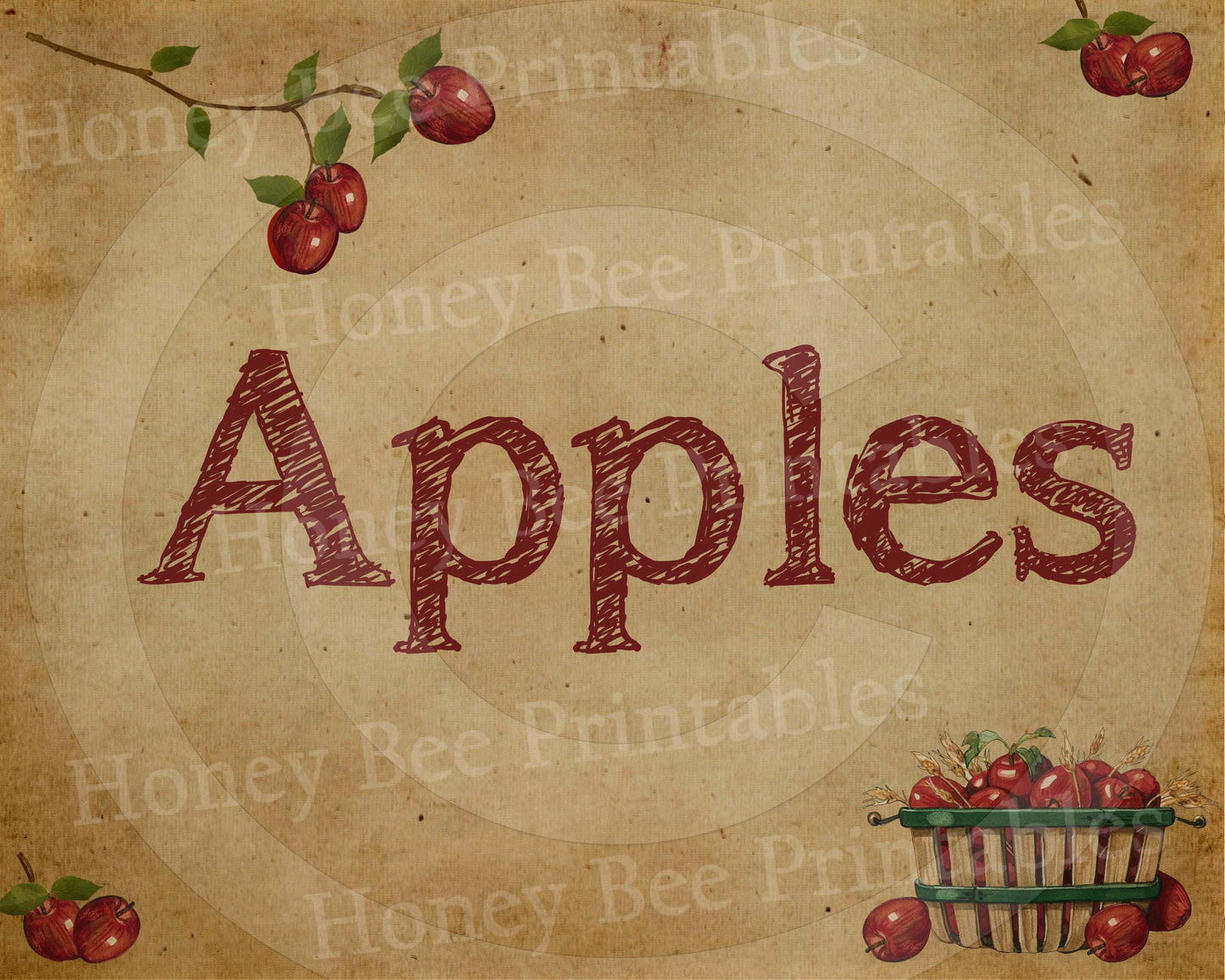 Primitive Autumn Fall Harvest Apples - 8x10 Instant Folk Art - Instant Download - JPEG - U Print - Uses: Cards, Tags, Labels, Fabric Panel