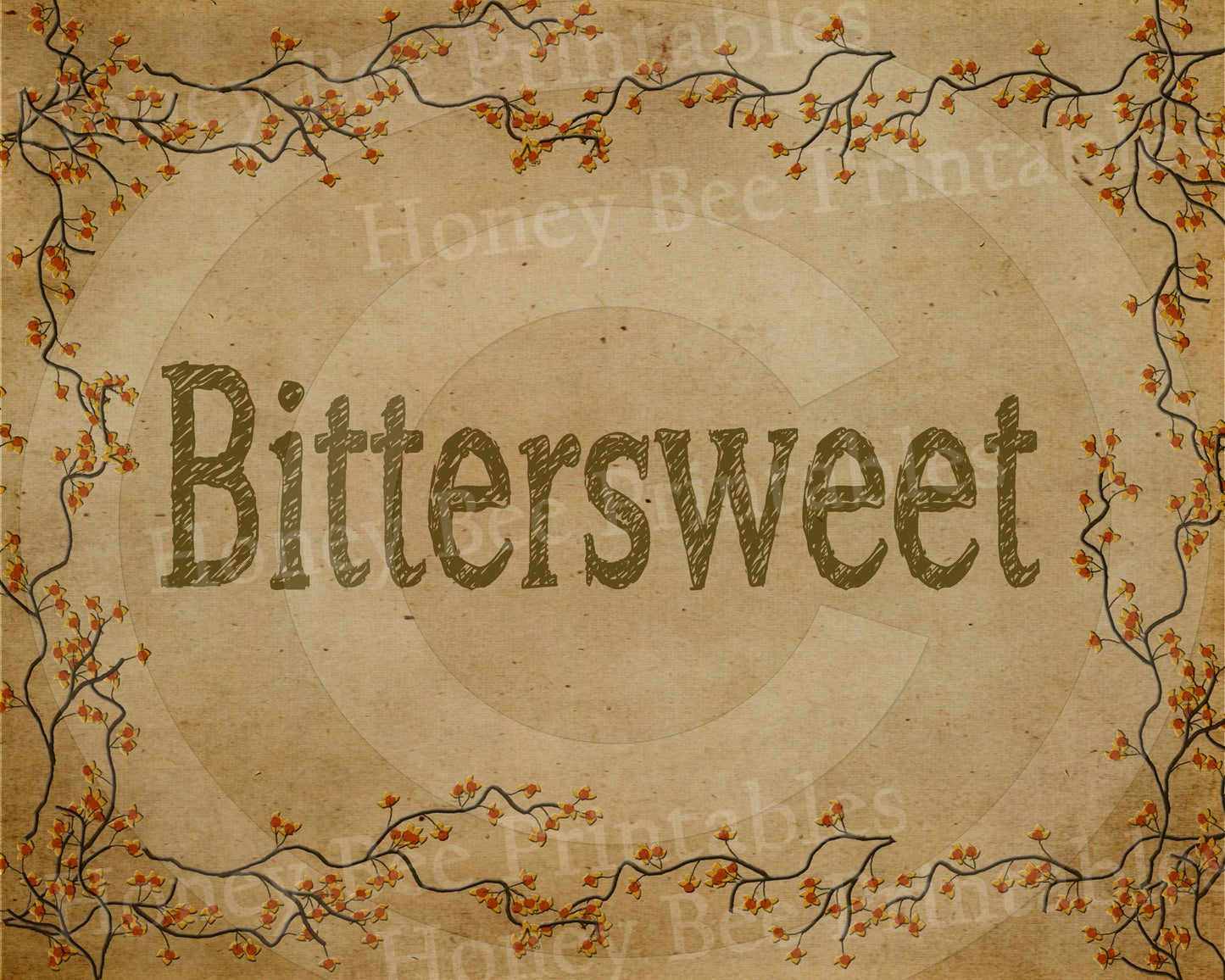 Primitive Autumn Fall Bittersweet Vine - 8x10 Instant Folk Art - Instant Download - JPEG U Print - Uses: Cards, Tags, Labels, Fabric Panel