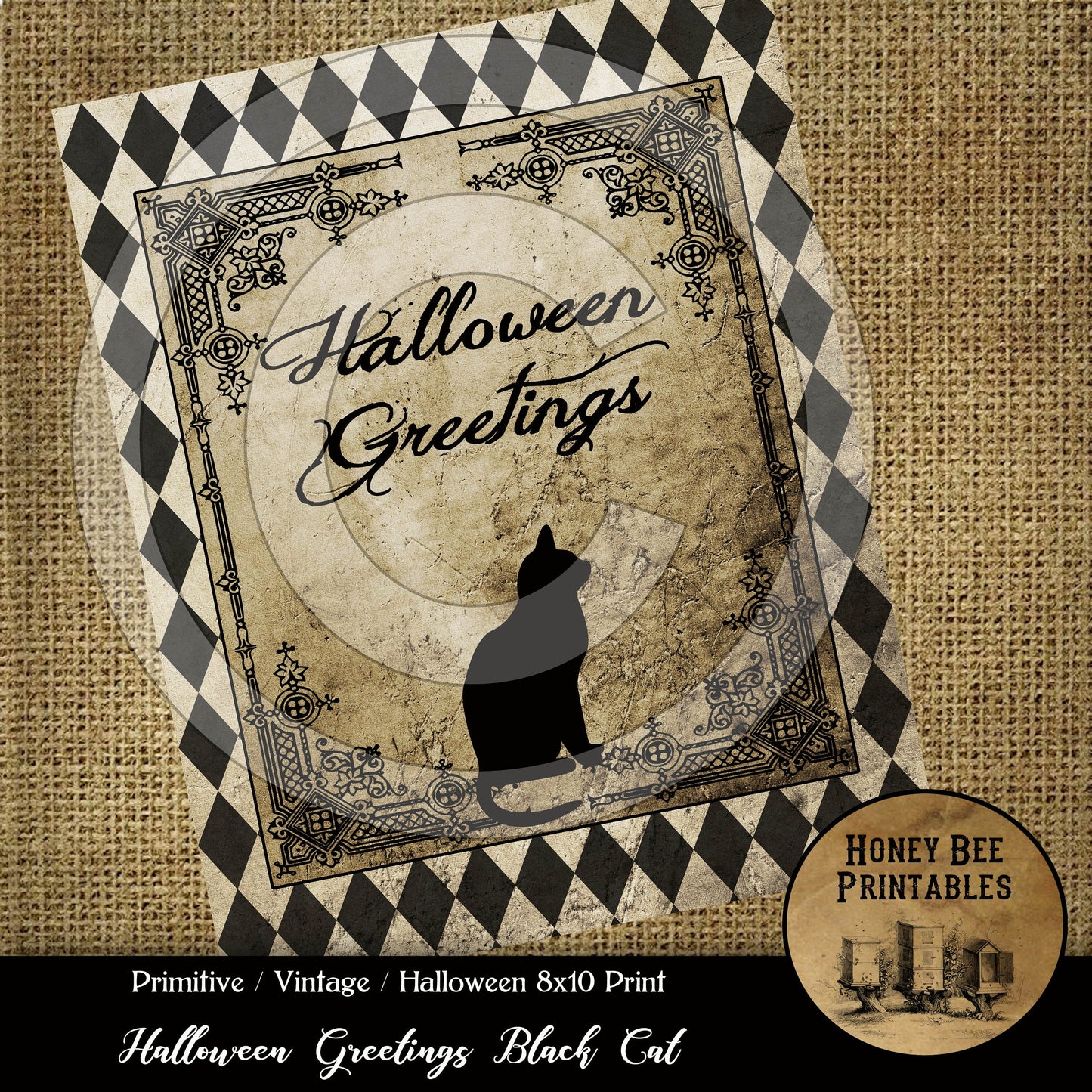 Primitive Vintage Printable Instant Download JPEG 8x10 - Card Making - Frame It - Pillows Labels Tags - Halloween Greetings Black Cat