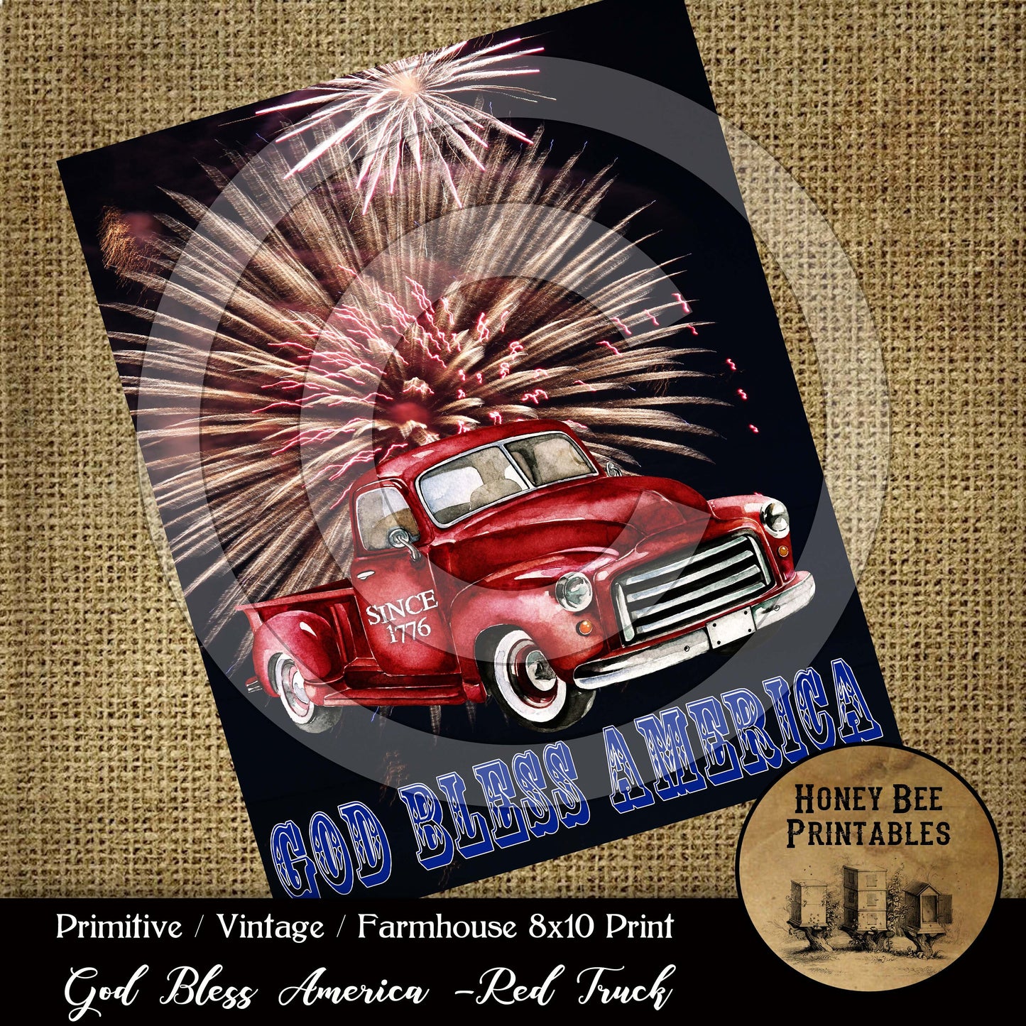 God Bless America Fireworks Freedom Liberty Red Truck - 8x10 Instant Folk Art - Card Making - Digital Instant Download - JPEG - U Print