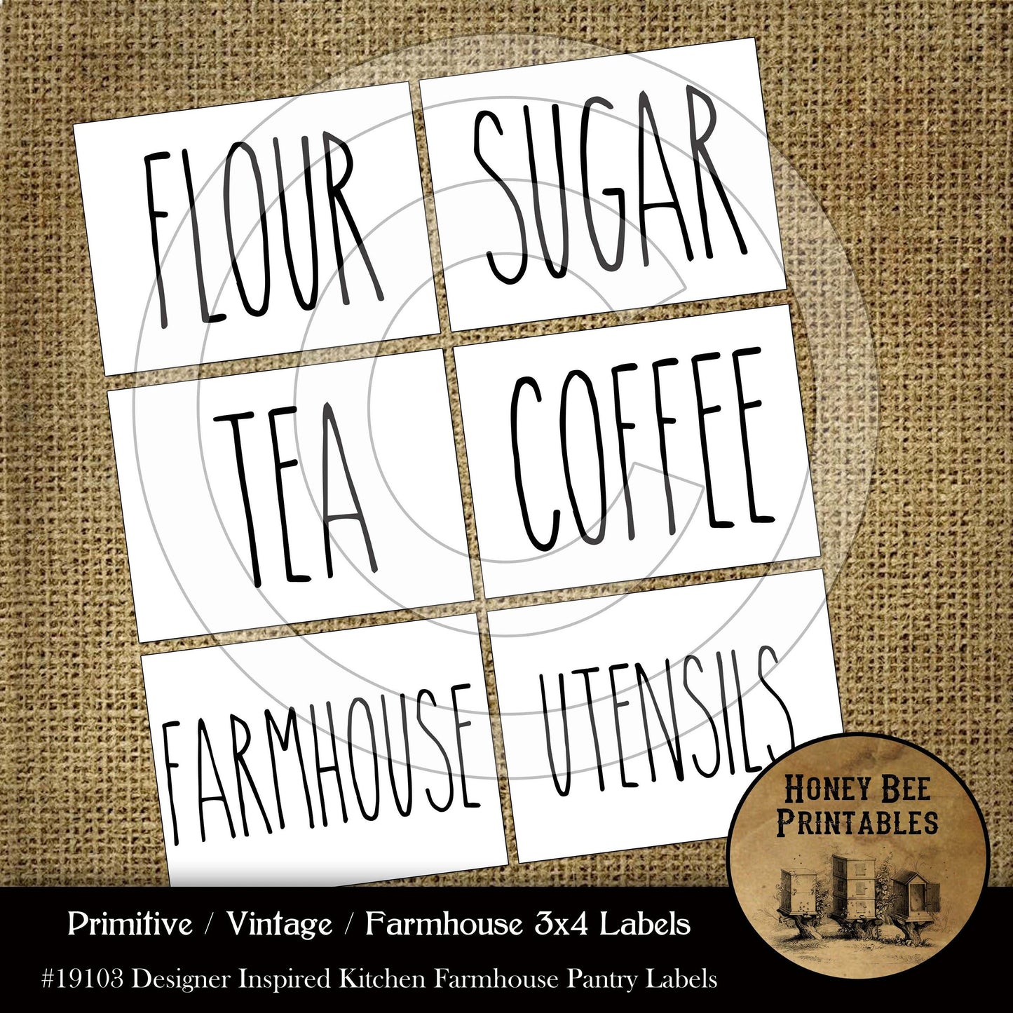 Pantry Farmhouse Labels 19103 Printable Digital JPEG - Instant Download - Jars Crocks Bottles Designer Inspired Kitchen White Black Simple