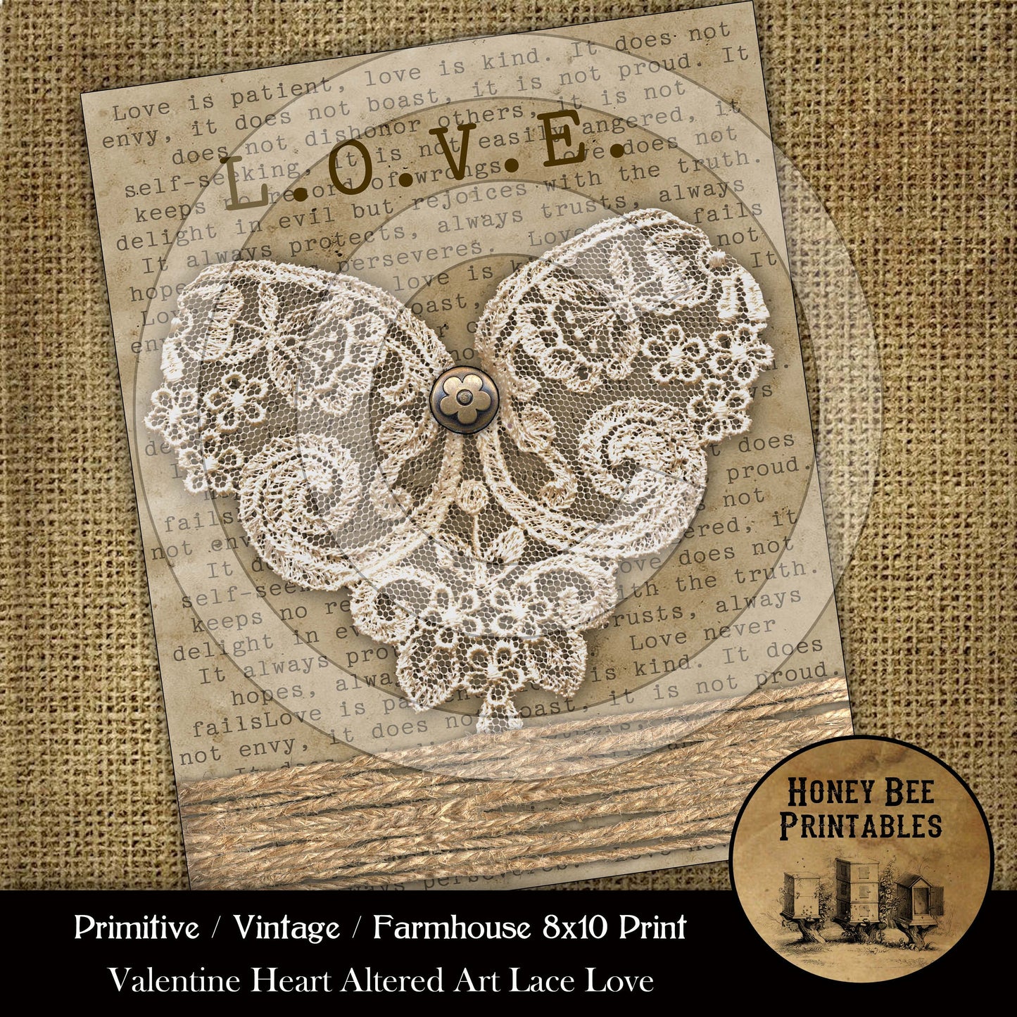 Primitive Vintage Farmhouse Printable Instant Download JPEG 8x10 - Valentine Heart Lace Altered Art- Card Making - Frame It - Labels Tags