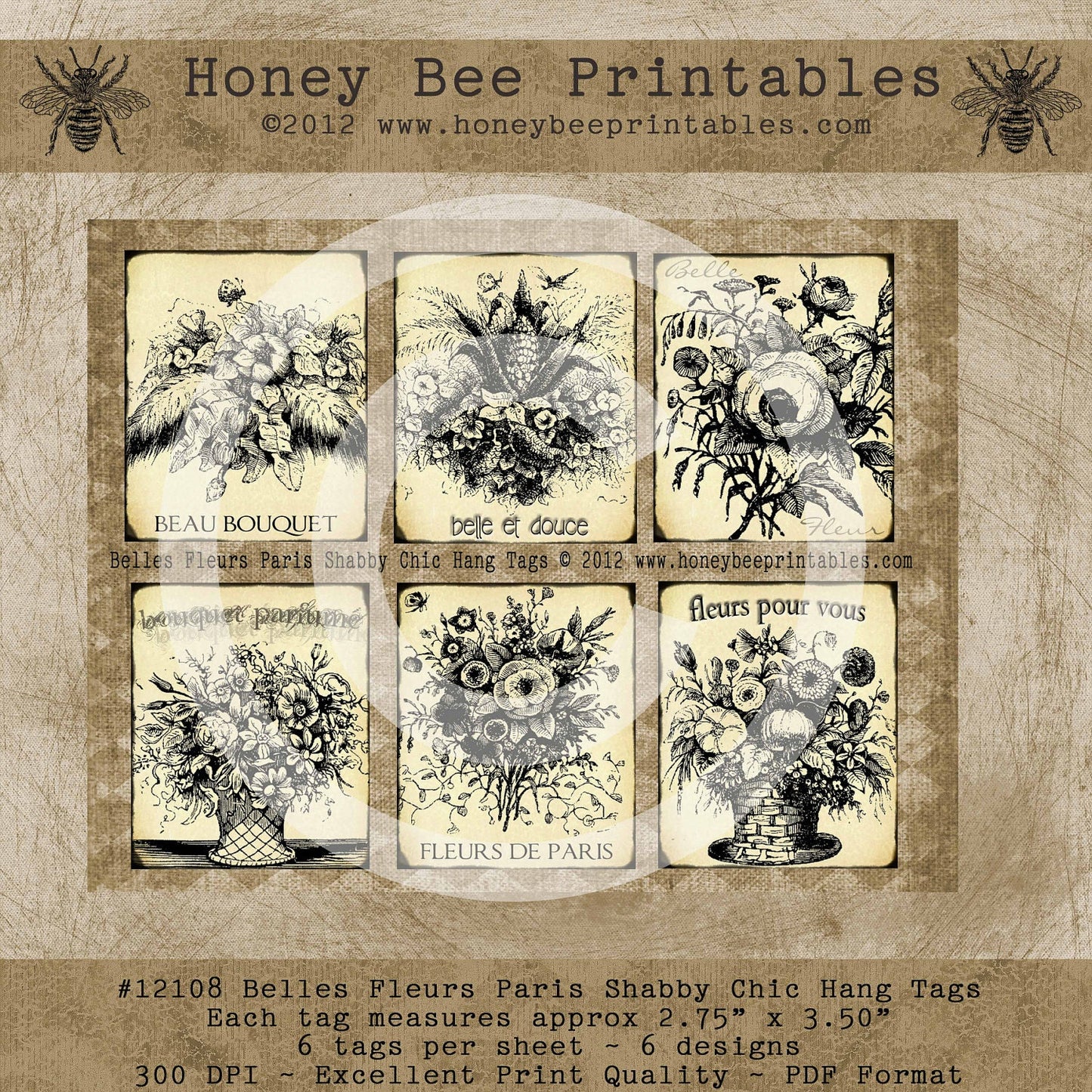 Belles Fleurs Paris Shabby Chic Printable Hang Tags / Digital Download JPEG File- DIY U Print -OFG