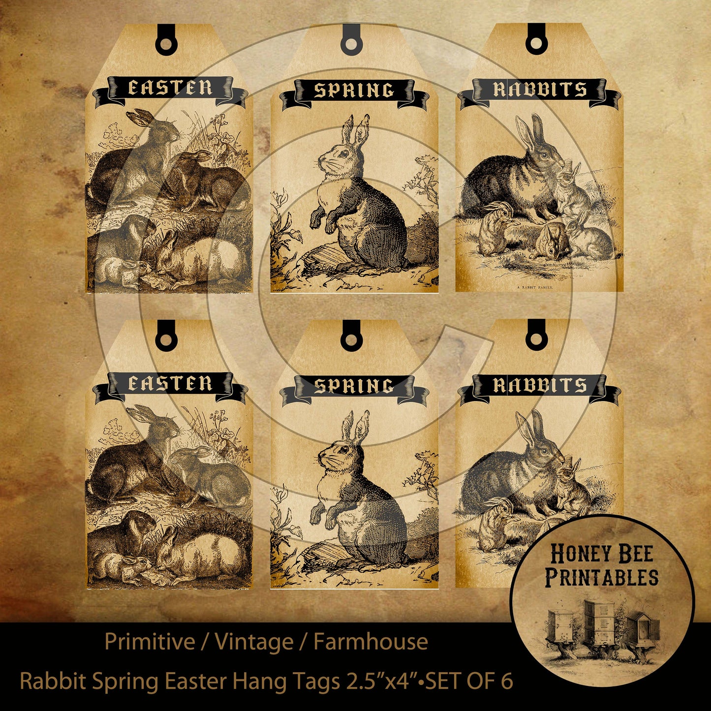 Primitive Farmhouse Vintage Rabbits Hare Easter Hang Tags Digital Instant Download Printable Sublimation