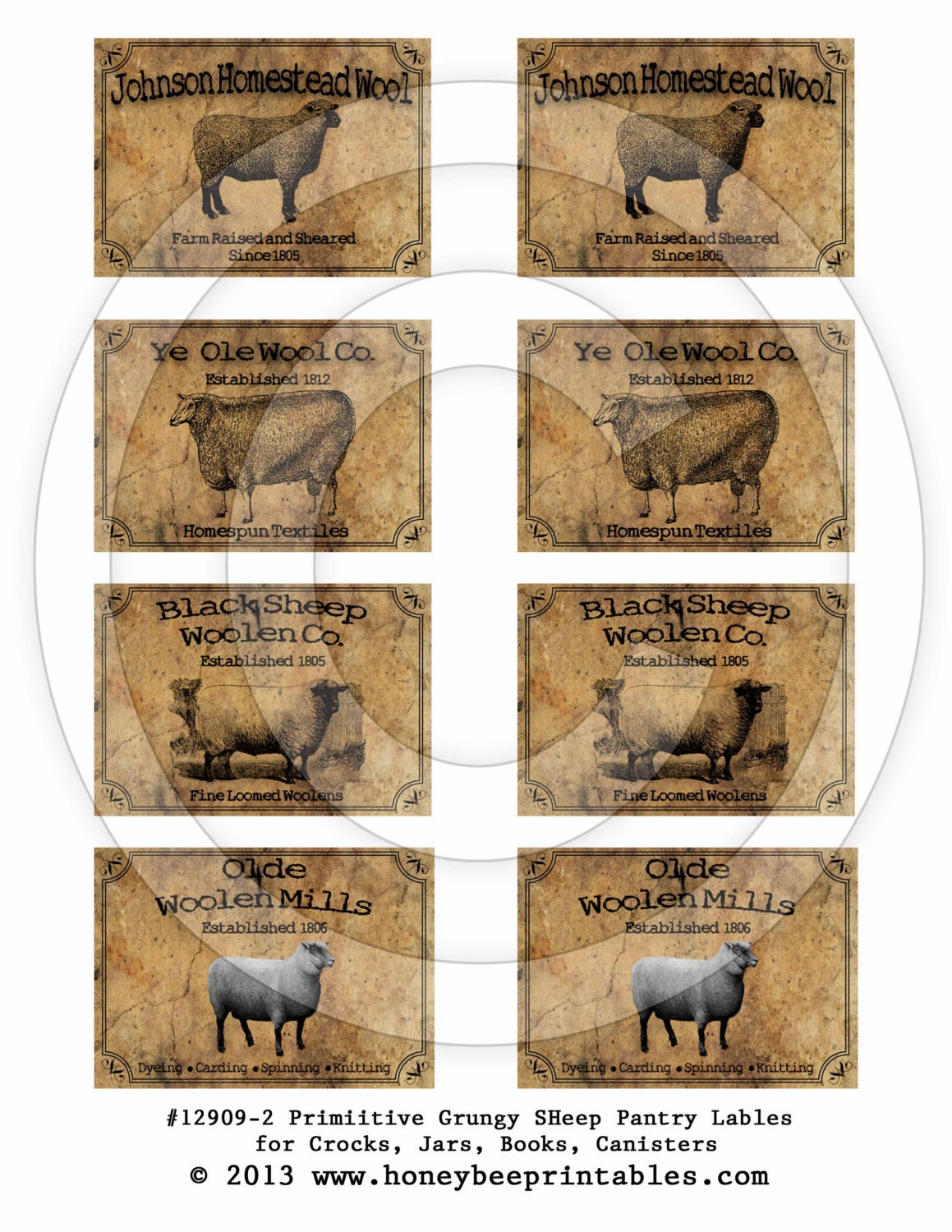 Primitive Sheep Kitchen Pantry Farmhouse Labels-Printable Digital JPEG - Instant Download - 12909-2 Jars, crock, crates, books, journals,etc
