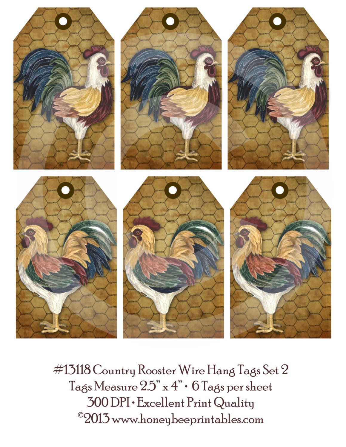 Country Rooster Chicken Wire Set 2 Hang Tags 13118 -Printable Digital JPEG File-Instant Download-Use 4 Dolls Bears Gifts Scrapbooking