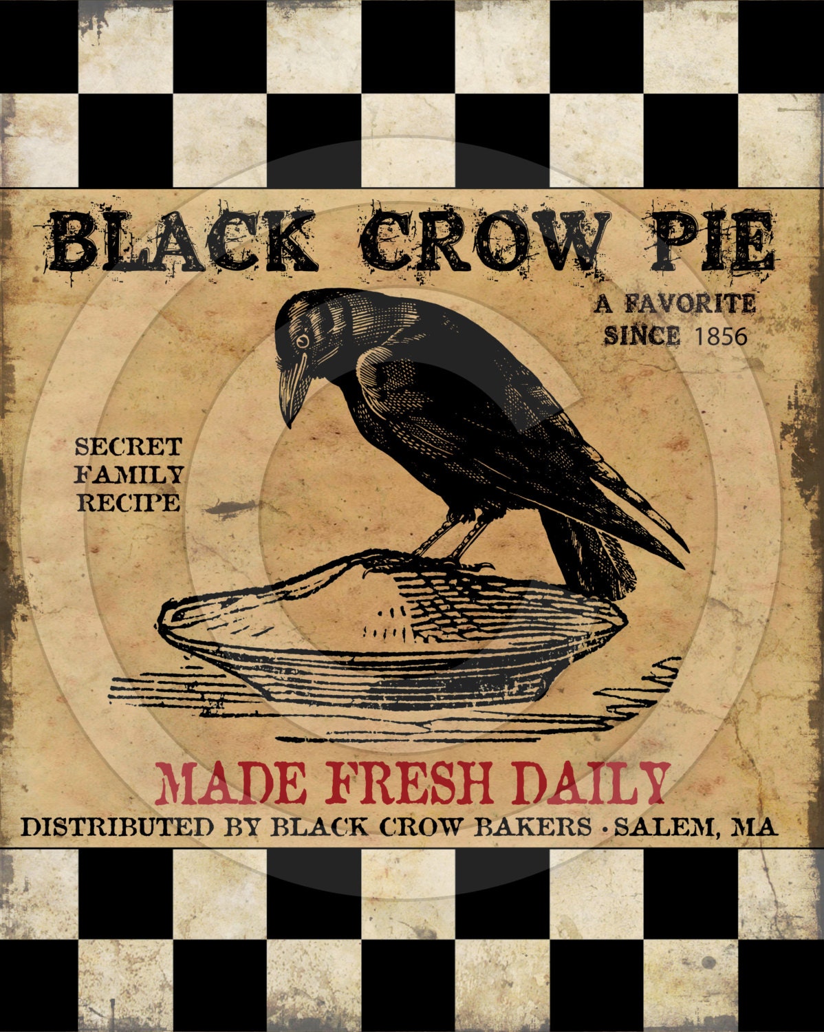 Primitive Black Crow Pie Raven-Printable Digital Feedsack Logo JPEG File-Instant Download-Uses: Pillows, Dolls,Bears,Framed Prints,Labels