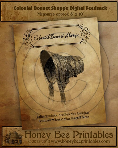 Primitive Colonial Bonnet Shoppe-Printable Digital Feedsack Logo JPEG File-Instant Download-Use for Pillows,Bears,Framed Prints,Labels