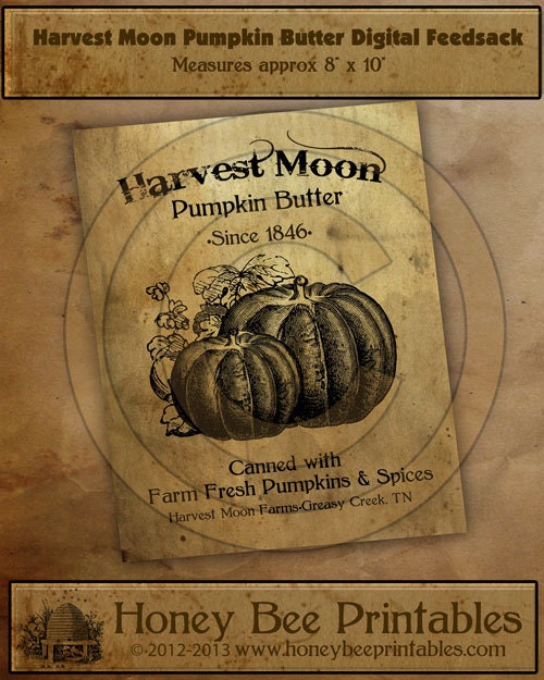 Primitive Harvest Moon Pumpkin Butter-Printable Digital Feedsack Logo JPEG File-Instant Download-Use for Pillows,Bears,Framed Prints,Labels
