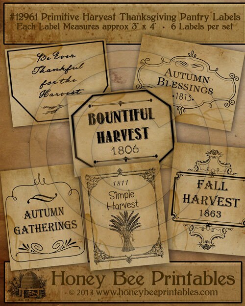 Primitive Harvest Thanksgiving Pantry Labels 12961-Printable Digital JPEG File-Instant Download-Use on Jars,crock,crates,books,cards,ornies