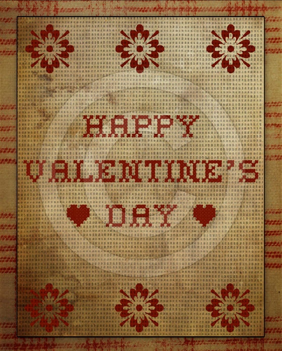 Primitive Happy Valentine's Day FAUX Cross Stitch Sampler Printable Digital Art JPEG Instant Download This is NOT A Cross Stitch Pattern