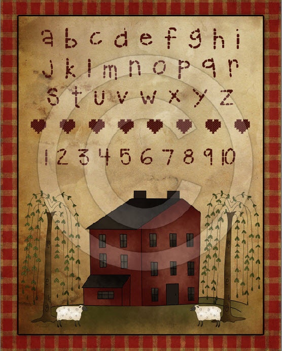 Primitive Willow Saltbox Sheep Printable Digital Sampler 2 Feedsack Logo JPEG File Instant Download Use: Pillows,Framed Prints,Labels