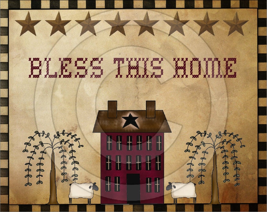Primitive Bless This Home Willow Saltbox Printable Digital Feedsack Logo JPEG File - Instant Download - Use: Pillows,Framed Prints,Labels