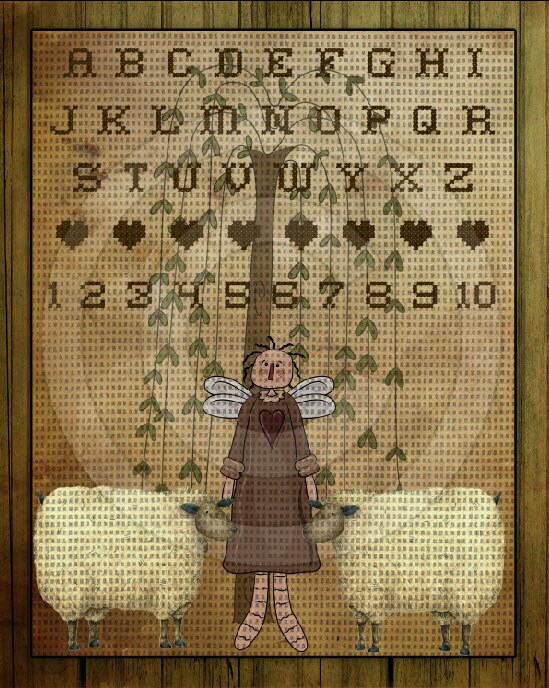 Primitive Angel Sheep Willow Stitchery FAUX Cross Stitch Sampler Printable Digital Art JPEG Digital Download This is NOT a Pattern!