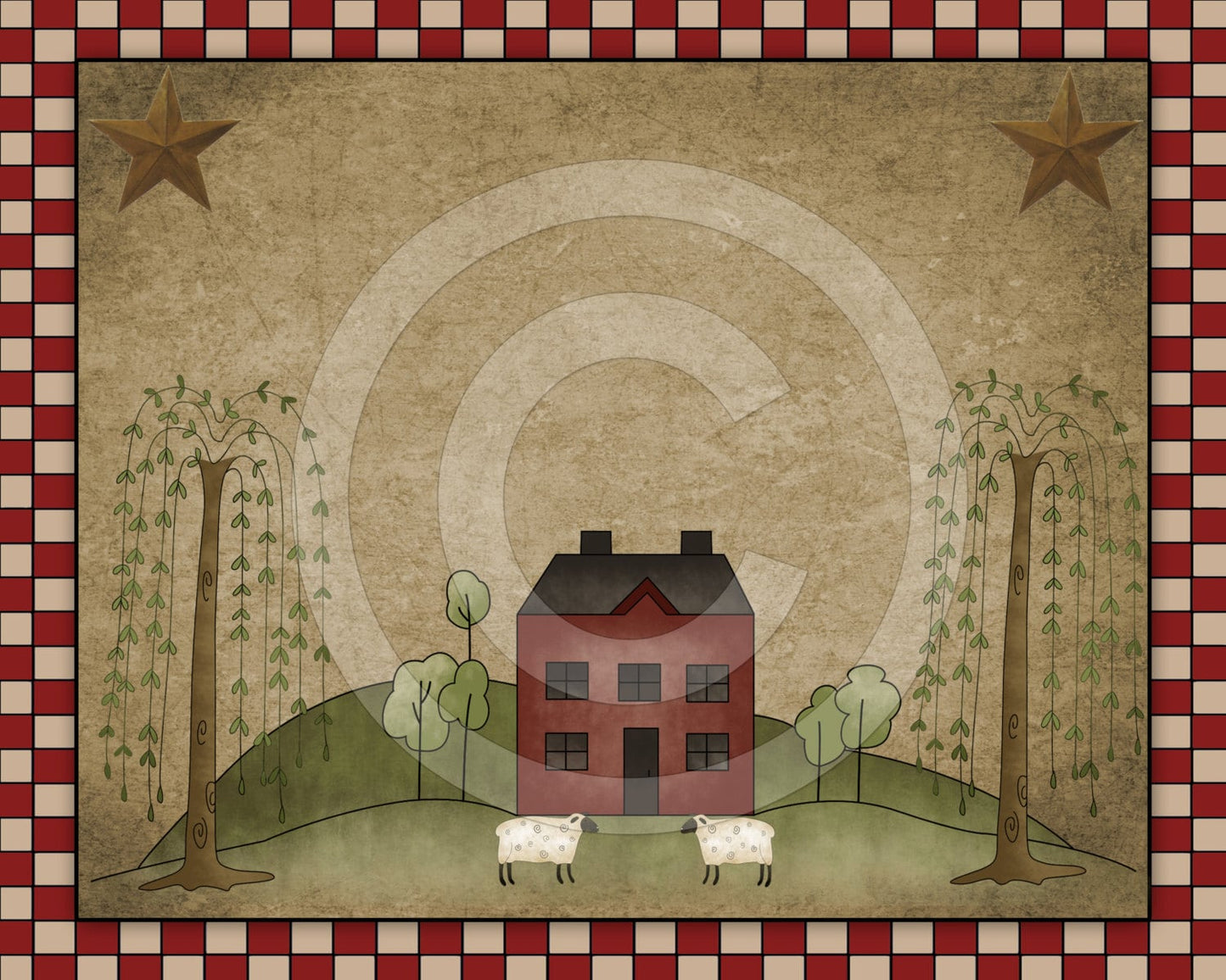 Primitive Sheep Willow Saltbox House Red Printable Digital Print Feedsack Logo JPEG File Instant Download - Pillows,Framed Prints,Labels