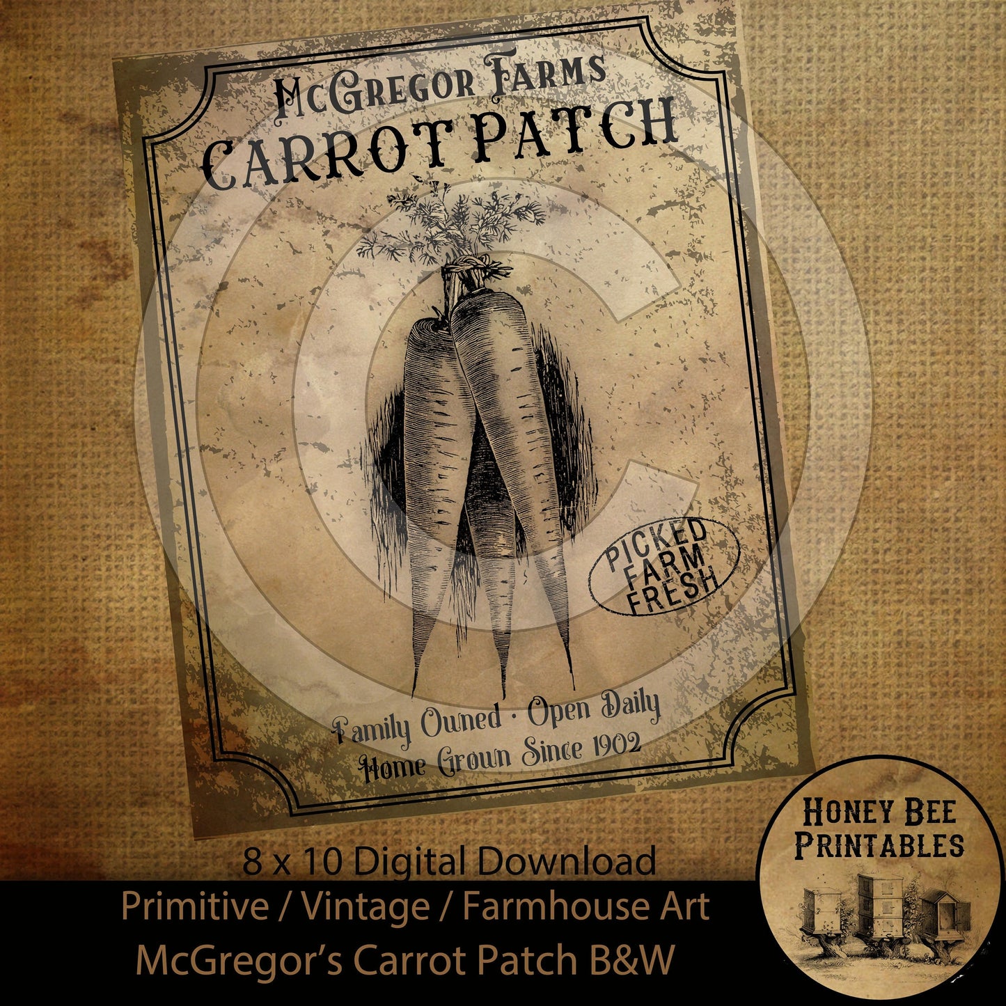 Vintage Primitive Farmhouse Spring Easter McGregor Carrot Farms Black & White Print Digital Instant Download Printable Sublimation 8x10 JPEG