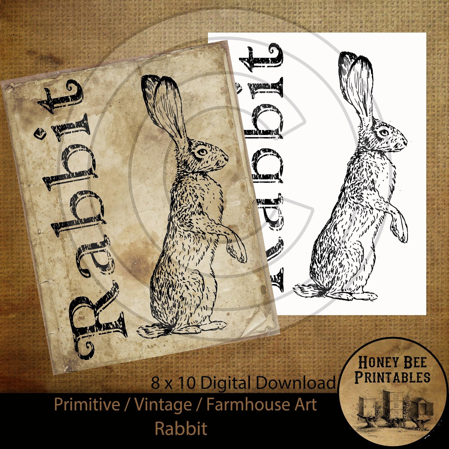 Vintage Primitive Farmhouse Rabbit Word Spring Easter Digital Instant Download Printable Sublimation 8x10 JPEG Cans Jars Labels